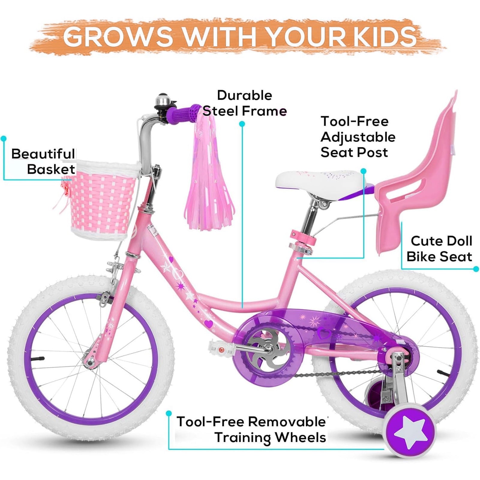 Hykolity 14 inch Girls Bike Princess Bicycle for Age 3-5 Years Old Rider Height 35-47 inch includes Training Wheel Basket Doll Seat Aqua Blue