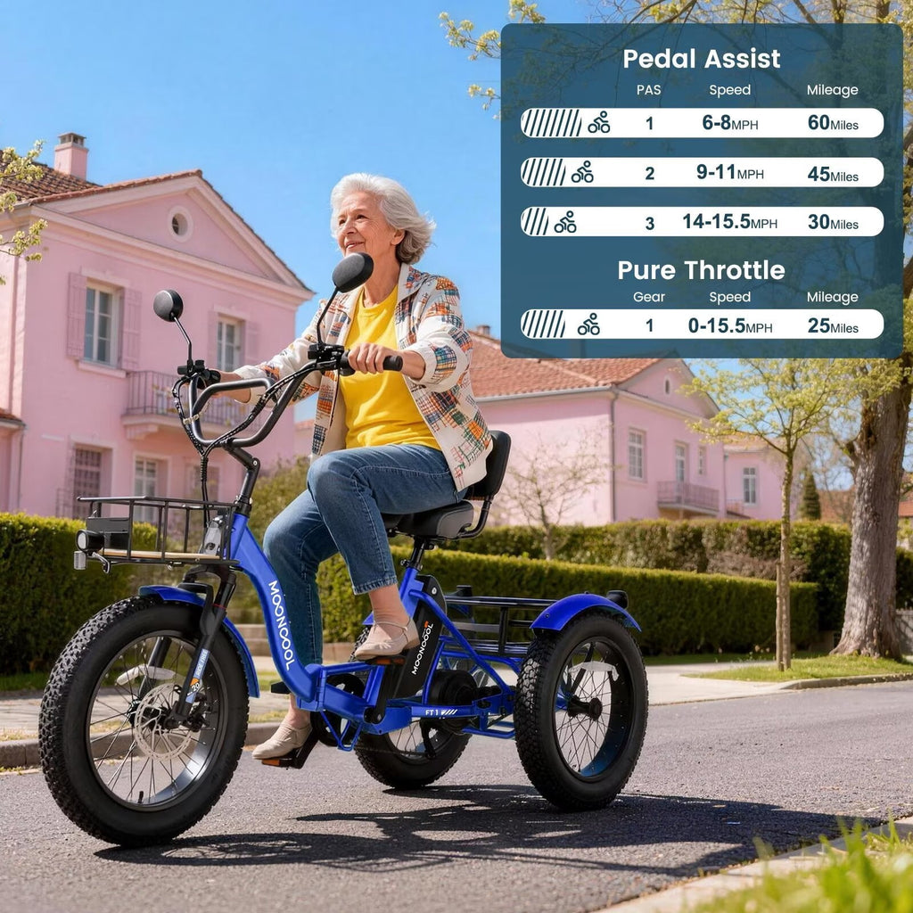 MOONCOOL Folding Electric Tricycle for Adults, 20 x 4 Fat Tire Electric Trike, 48V Peak 1092W  Electric Bicycle, 3 Wheels 7 Speed Ebike w/ 14.5Ah Removable Battery& Speed Differential Mechanism