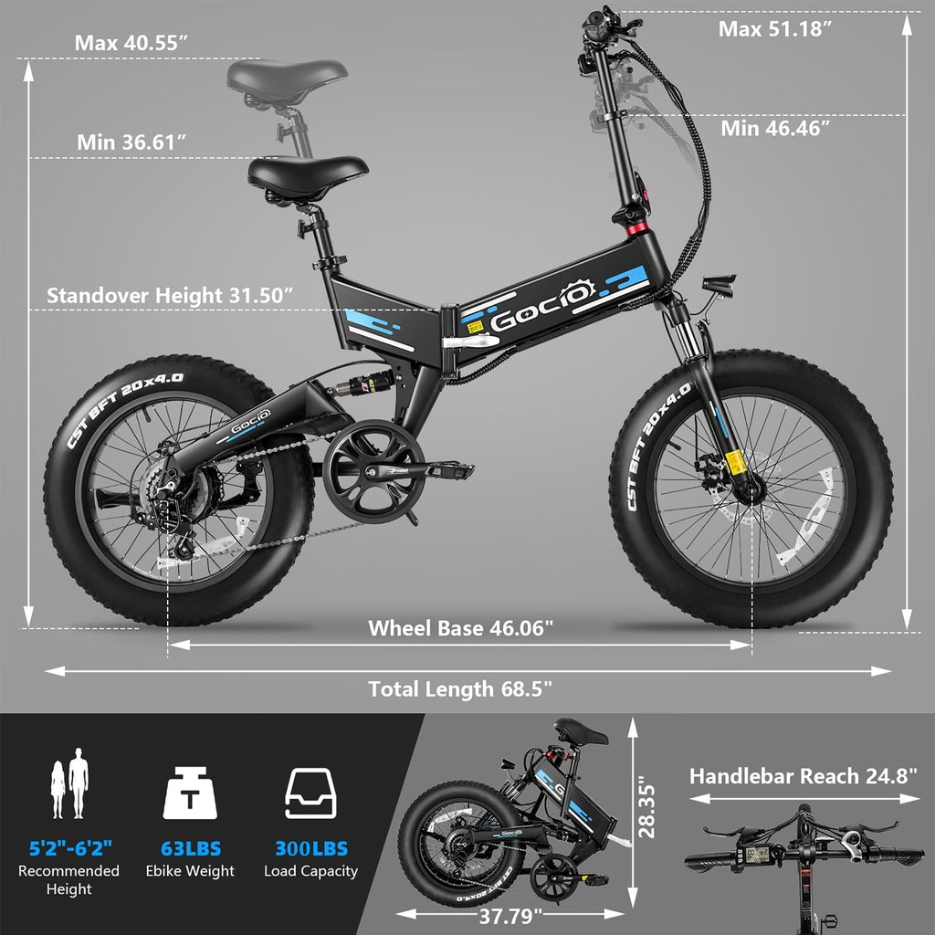 Gocio Foldable Electric Bikes Adult 20x4 Fat Tire Electric Bike, 48V 10.4Ah, 500W Electric Mountain Bike Full Suspension, LCD, Shimano 7 Speed Electric Cruiser Bicycle UL2849 Certified