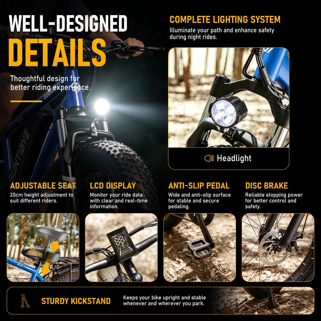 SUNTIBYE K10 Electric Bike 1000W, 48V 15Ah, 20 Fat Tire Ebike, 28MPH, E-Mountain Bike UL2849,Black
