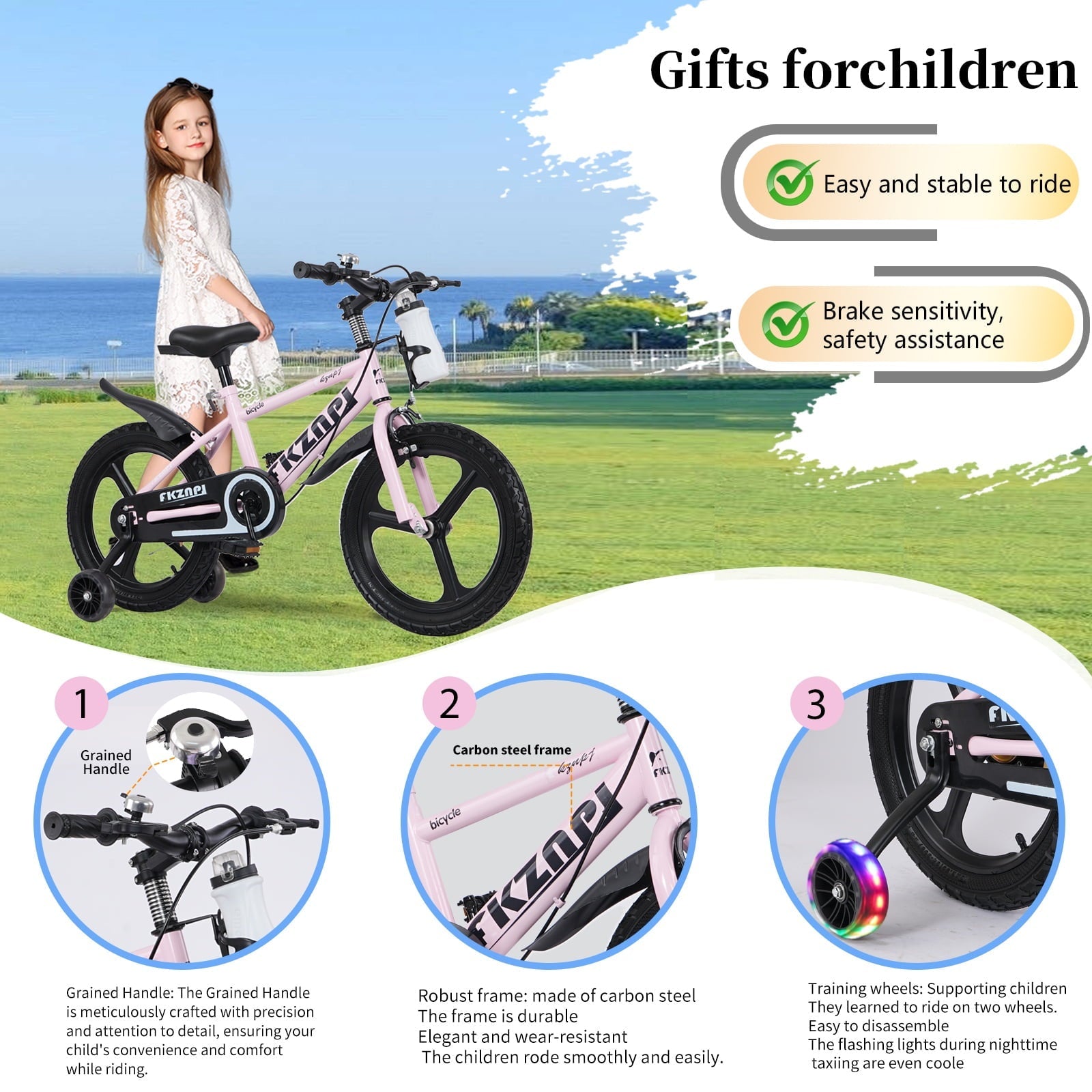 Holaki 18 inch Kids Bike with Training Wheels & Handbrake for Boys & Girls Ages 5-9, High Carbon Steel Frame Adjustable Seat Kids Bicycle with Kettle Stand & Night Glow for Birthday Gift, Purple