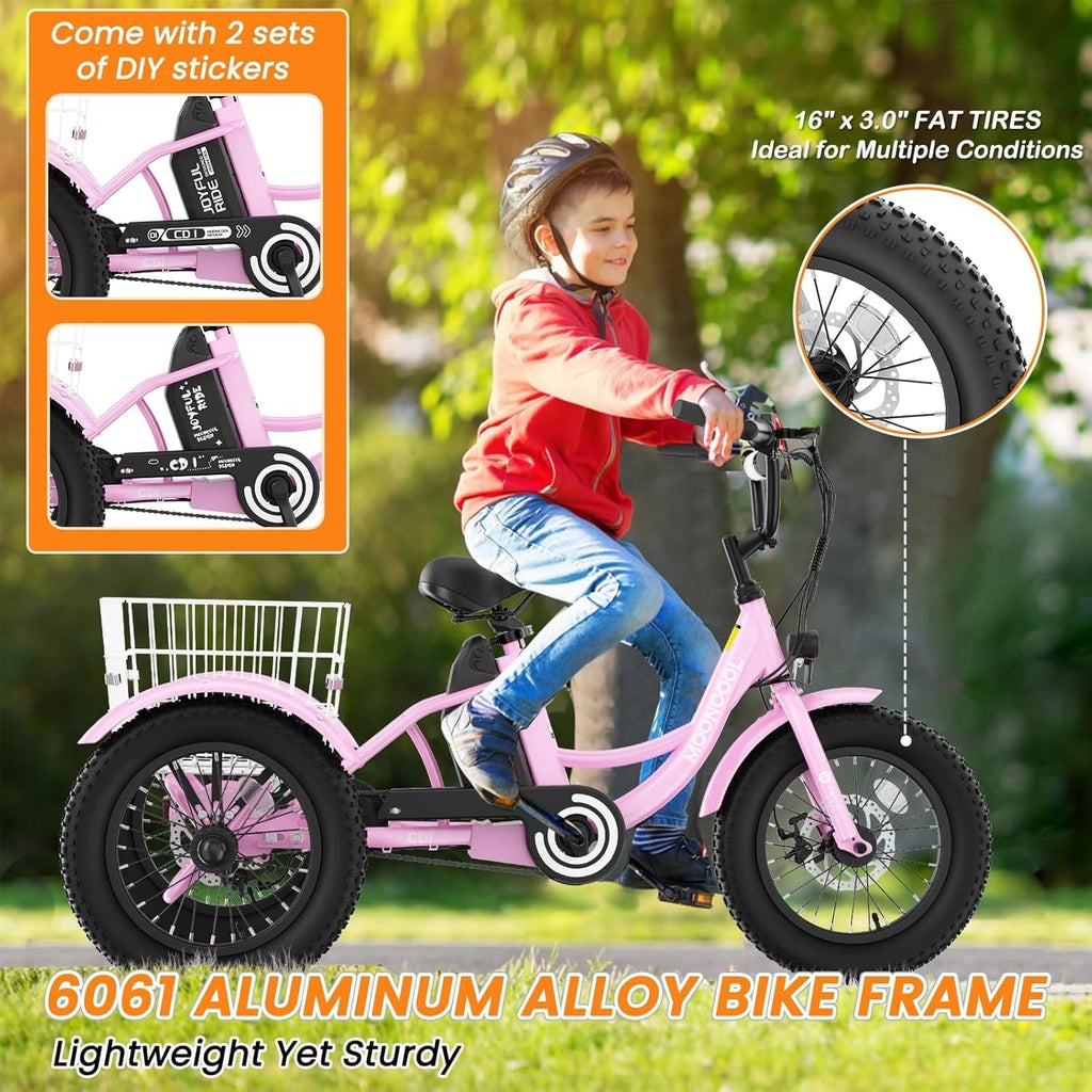 MOONCOOL Electric Tricycle for Kids ,16x3 3 Wheel 250W 10.4Ah Etrike W/ LED headlight & Rear Basket & horn bell & DIY stickers .6/9/12.5 MPH