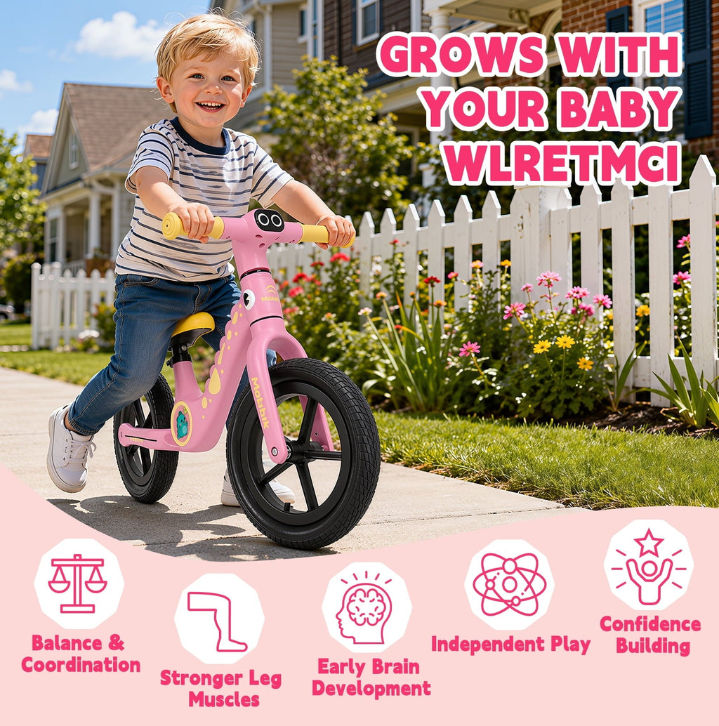 WLRETMCI 12 Kids Balance Bike, Glass Fiber Lightweight Toddler Bicycle for 2-5 Years Boys Girls, Pink