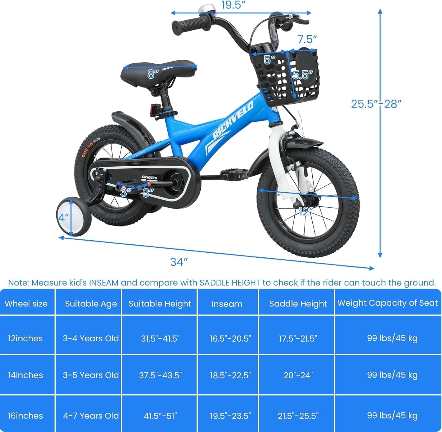 Kids Bike 12 Inch for Boys Girls, BMX Style Kids' Bicycle with Removable Training Wheels and Basket, Coaster Brake Toddlers Children's Bicycle Gift for Boys Girls 2-4 Years Old, Blue