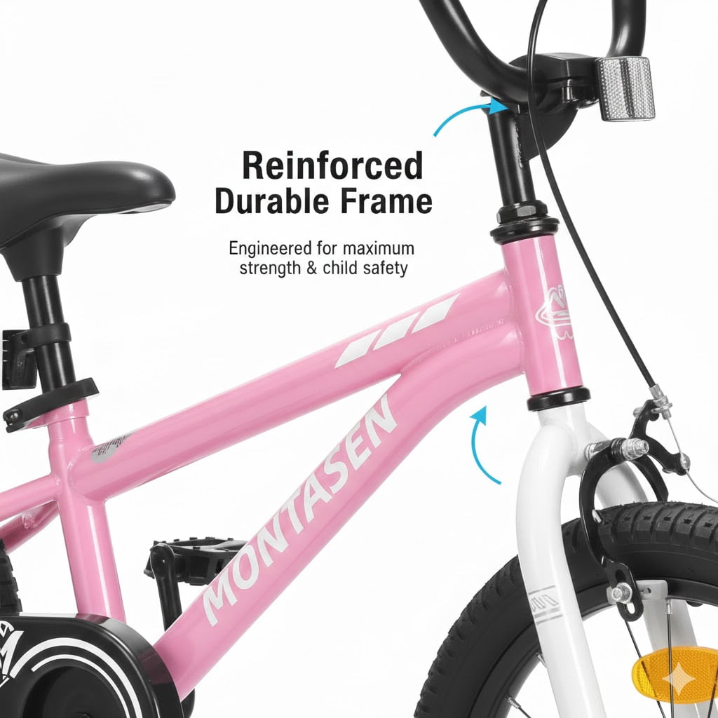 Montasen 14 Inch Kids Bike with Training Wheels Hand Brake Coaster Brake BMX Style Bicycle, Pink