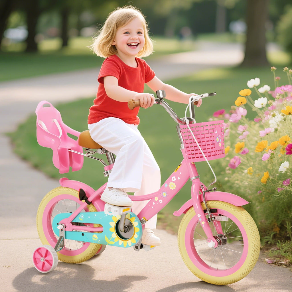 KORIMEFA Bikes for Girls 3-6 Years Old Toddlers, 12 inch Girls Bike with Training Wheels, Basket and Doll Seat, Children Bicycles with Handbrake, White