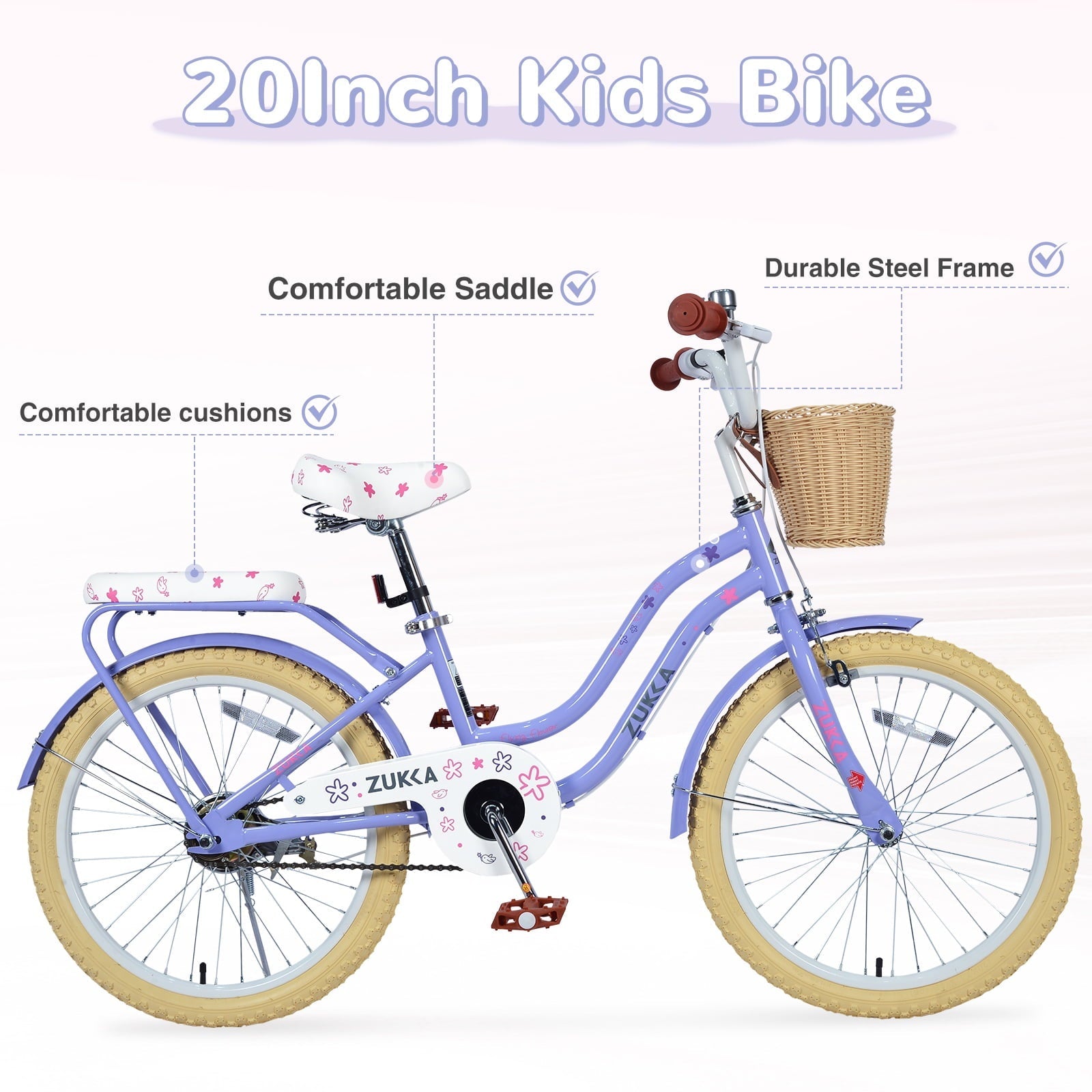 Dolonm 20 Kids Bike for Ages 7-10, Lightweight High-Carbon Steel Frame Cruiser Bicycle, Girls Bike with Wicker Basket, Rear Seat Rack, No Training Wheels, Pink