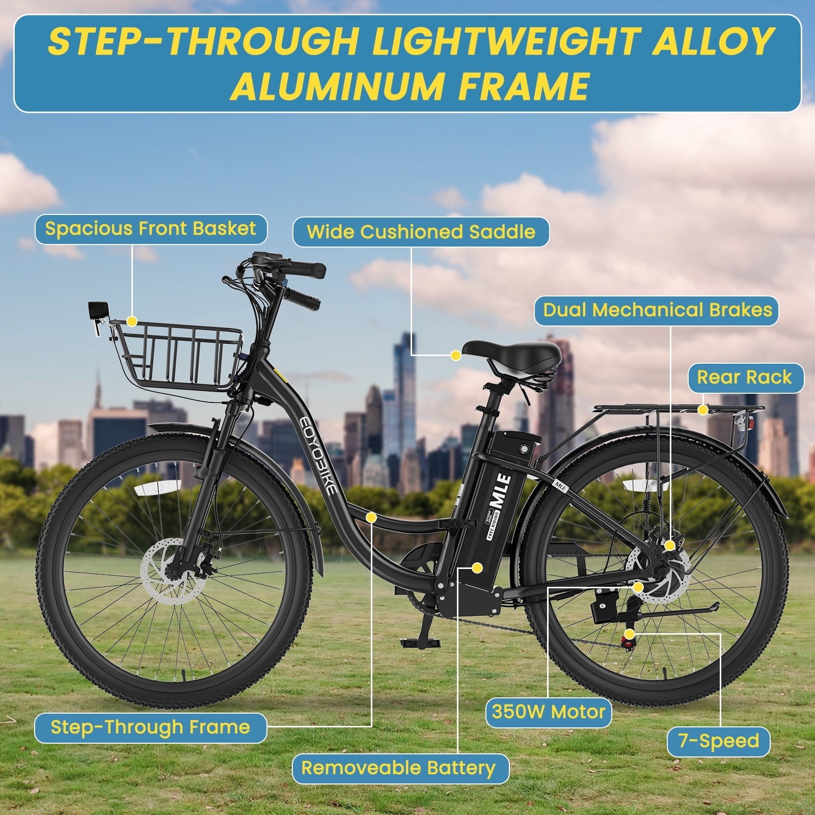 MOONCOOL Electric Bicycle for Adults 350W , 7-Speed Ebike with 36V 10.4Ah Removable Battery . 40 Miles Range , 20 mph Electric Commuter Bike for Women Men