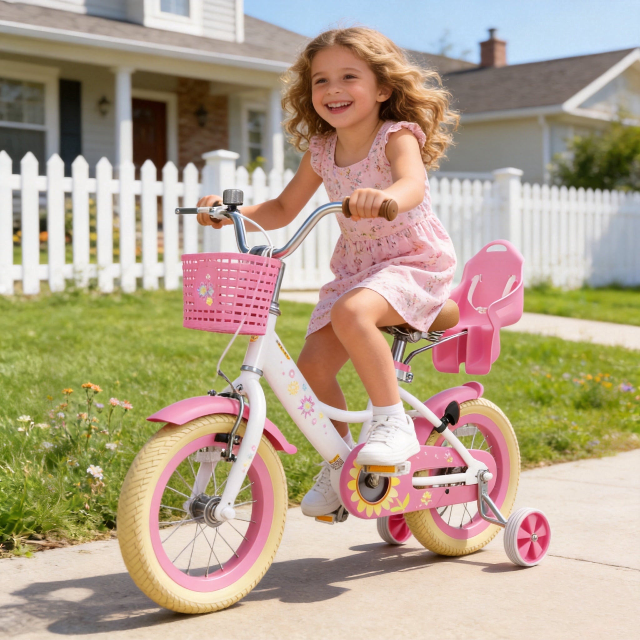 KORIMEFA Bikes for Girls 3-6 Years Old Toddlers, 12 inch Girls Bike with Training Wheels, Basket and Doll Seat, Children Bicycles with Handbrake, White