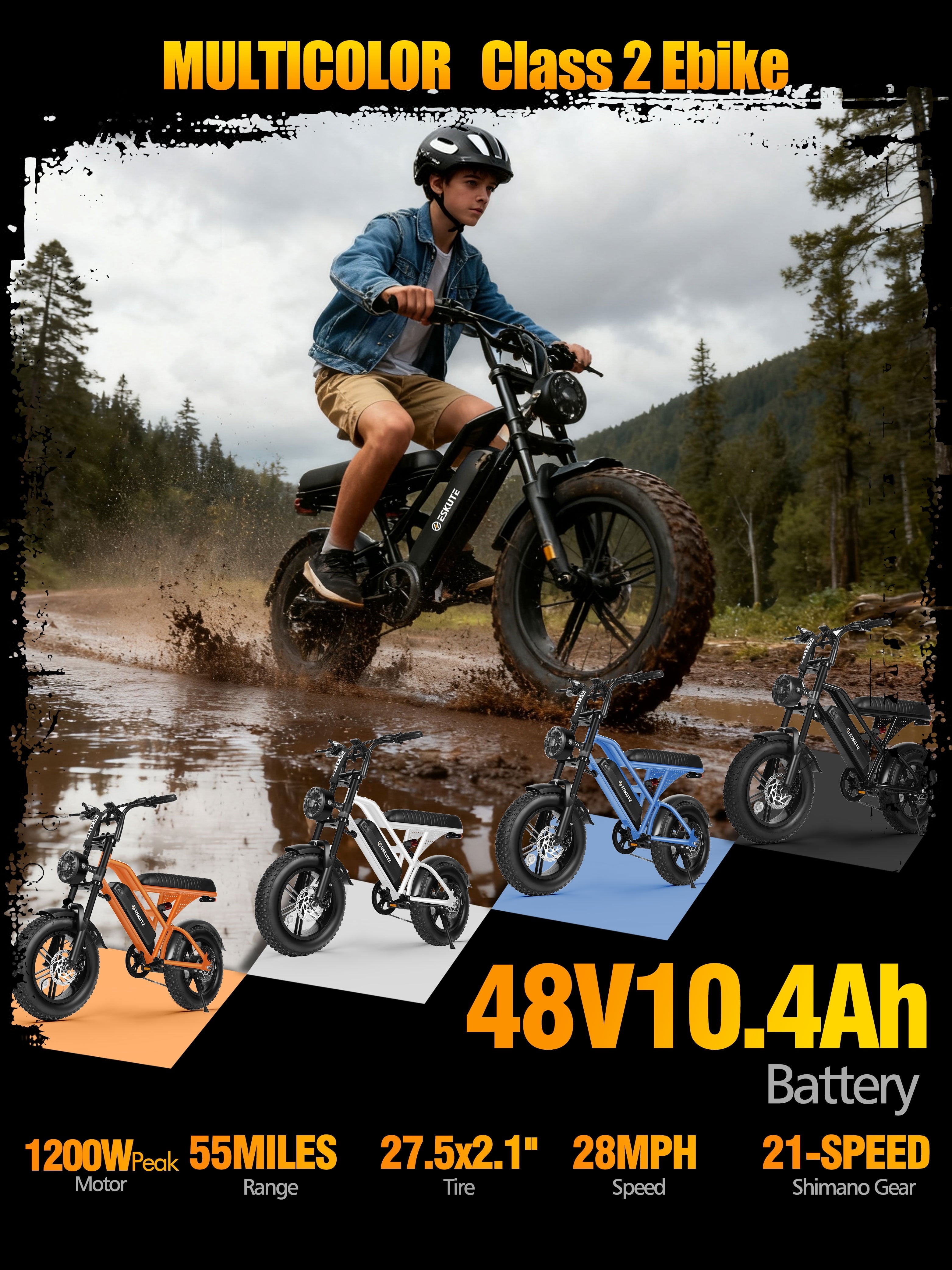 ESKUTE V100 Electric Bike for Teens Adults, 750W Peak 1500W 28 Mph 48V 13 Ah,16x4.0 Fat Tire E Bicycle, 7-Speed E-Bike with Dual Suspension, UL2849