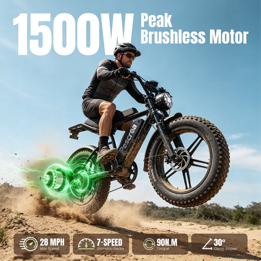 Pescroa E-Bikes for Adults, 1500W Peak Motor Electric Bike for Adults, 20 Fat Tire Electric Bike with 70-100 Miles, 7-Speed Electric Mountain Bike