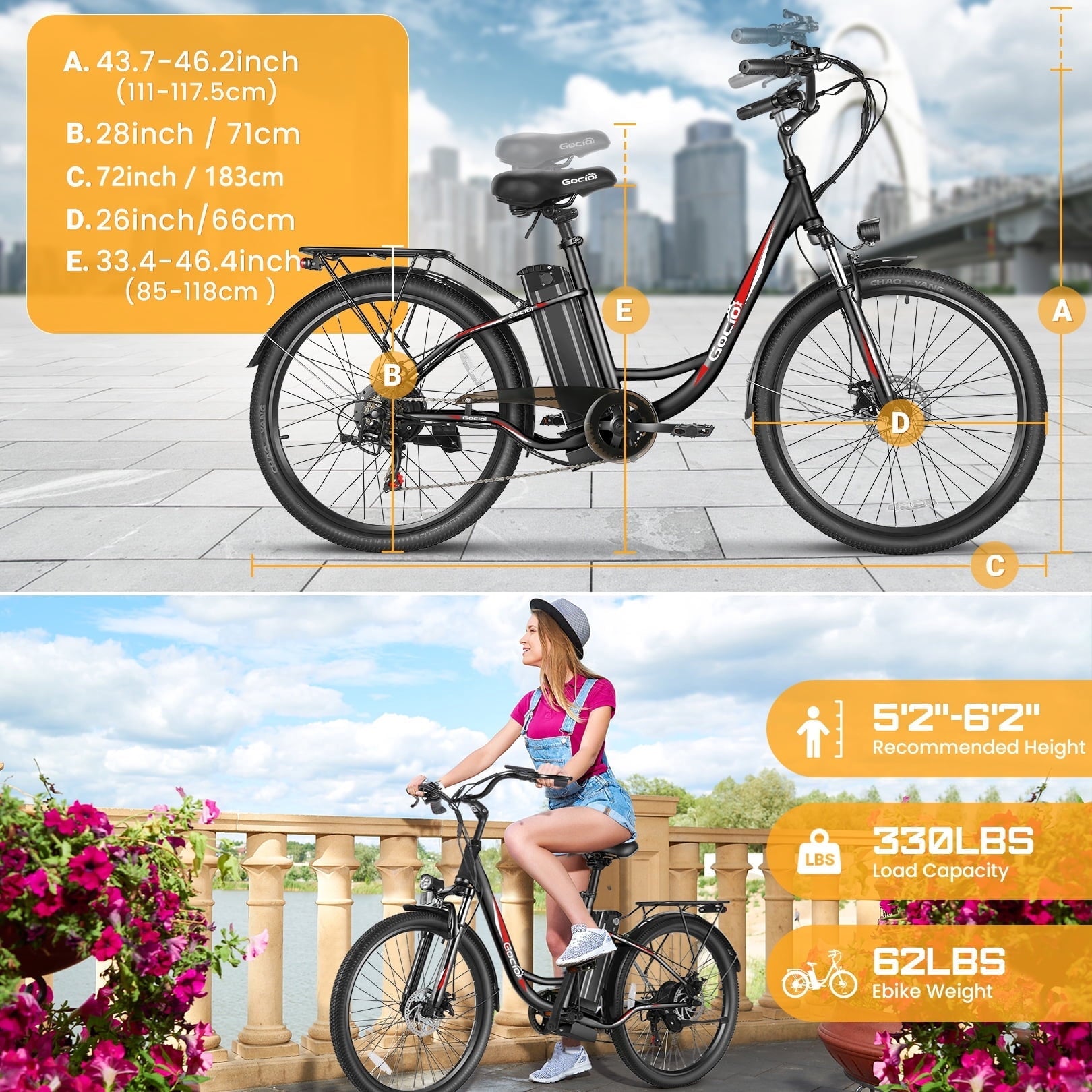 Gocio 26 Electric Bike for Adults, 750W Peak Motor Commuter E-Bike, 48V 7.8Ah Battery, 7-Speed, UL2849