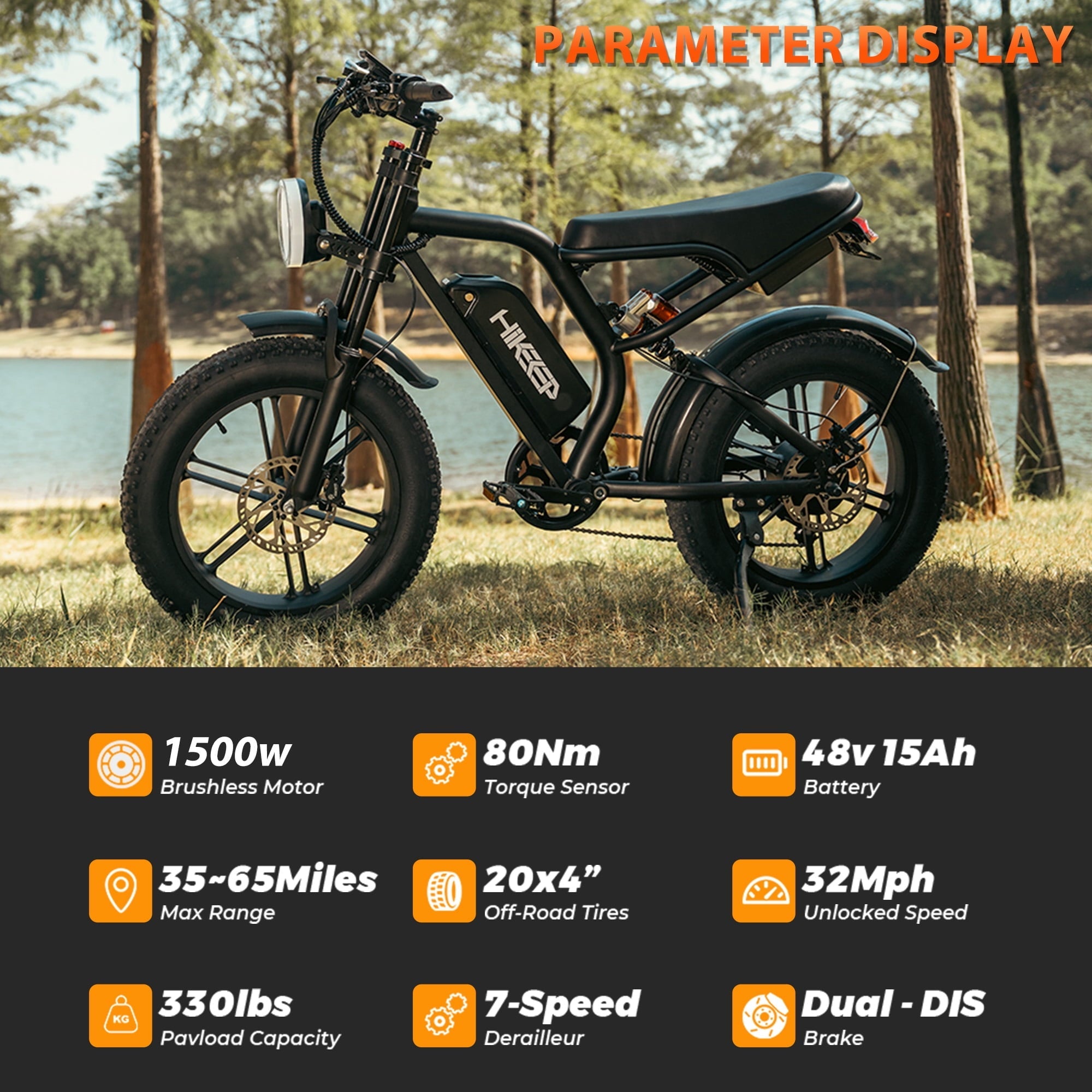 HiKeep 20 Fat Tire Electric Bike for Adults, 750W 1500W Peak Motor, 48V 17.5Ah Removable Battery E-Mountain, Full Suspension Dirt Ebike, UL2849