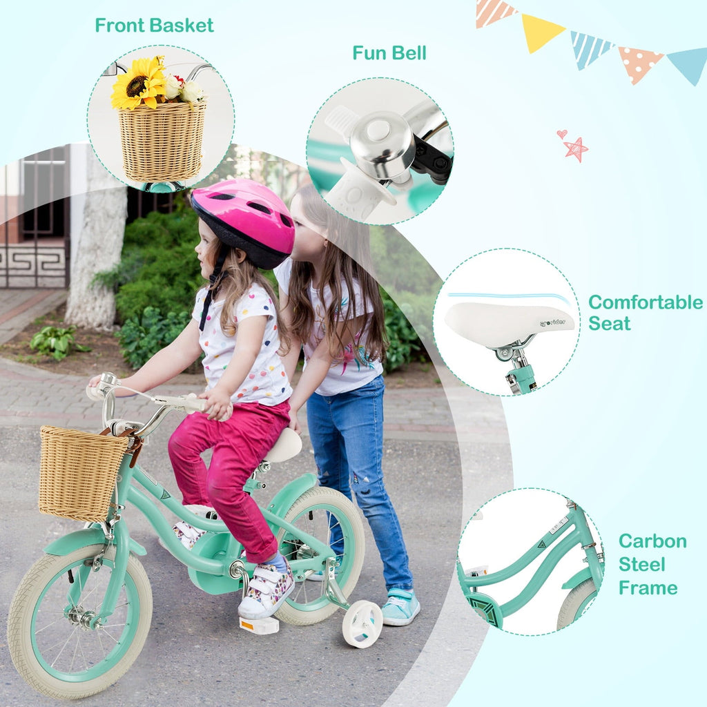 Costway 14 Kid's Bike with Training Wheels Adjustable Handlebar Seat Handbrake Pink