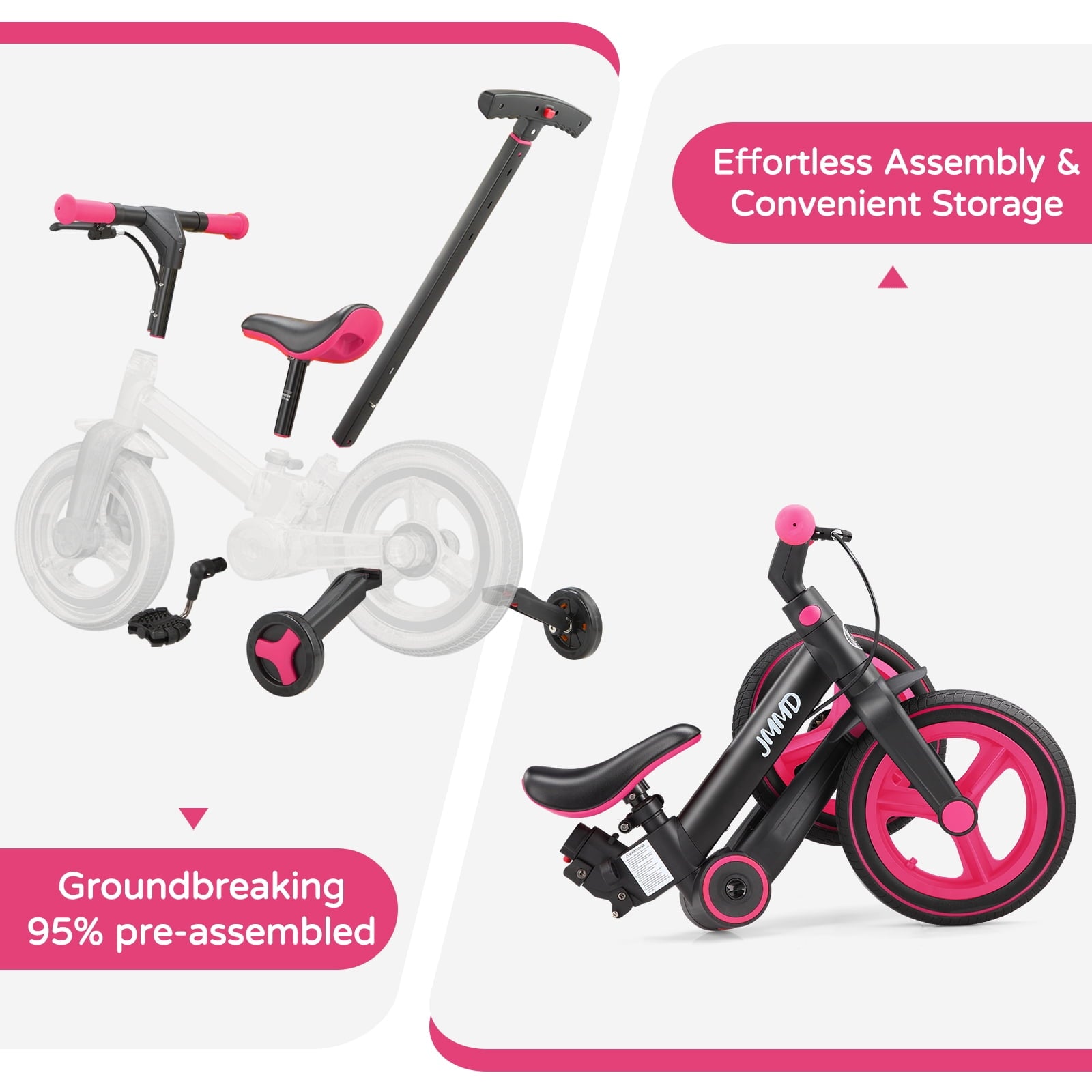 JMMD Toddler Bike with Push Handle for Kid 18-60 Months, 6 in 1 Foldable Tricycle with Training Wheel, Pedals, Kid Balance Bike for Boy & Girl, Black