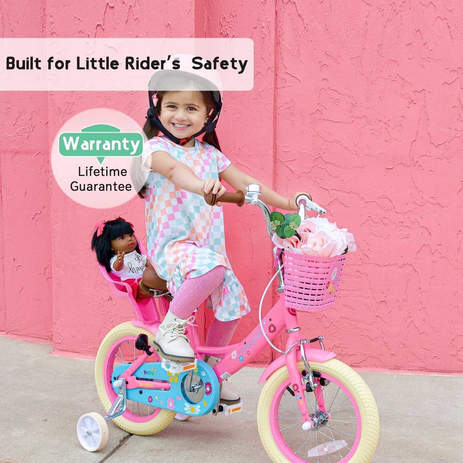 Glerc Maggie 14 inch Kids Girls Bike for Ages 3-5 Years Old Children, Princess Style Kids Bicycle with Doll-Seat & Basket & Training Wheels, Pink