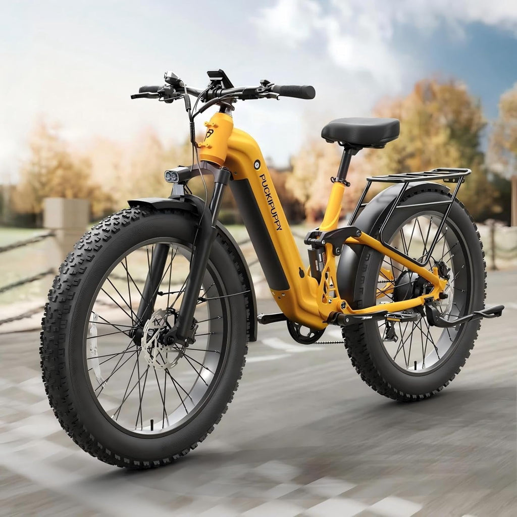 PUCKIPUPPY Electric Bikes for Adults 26 Step-Thru Ebikes 960W Peak Motor 80Miles Range 28mph Max Speed 48V 20AH Battery Full Suspension Fat Tire Mountain E Bike 7 Speed, Comply with UL2849 By SGS