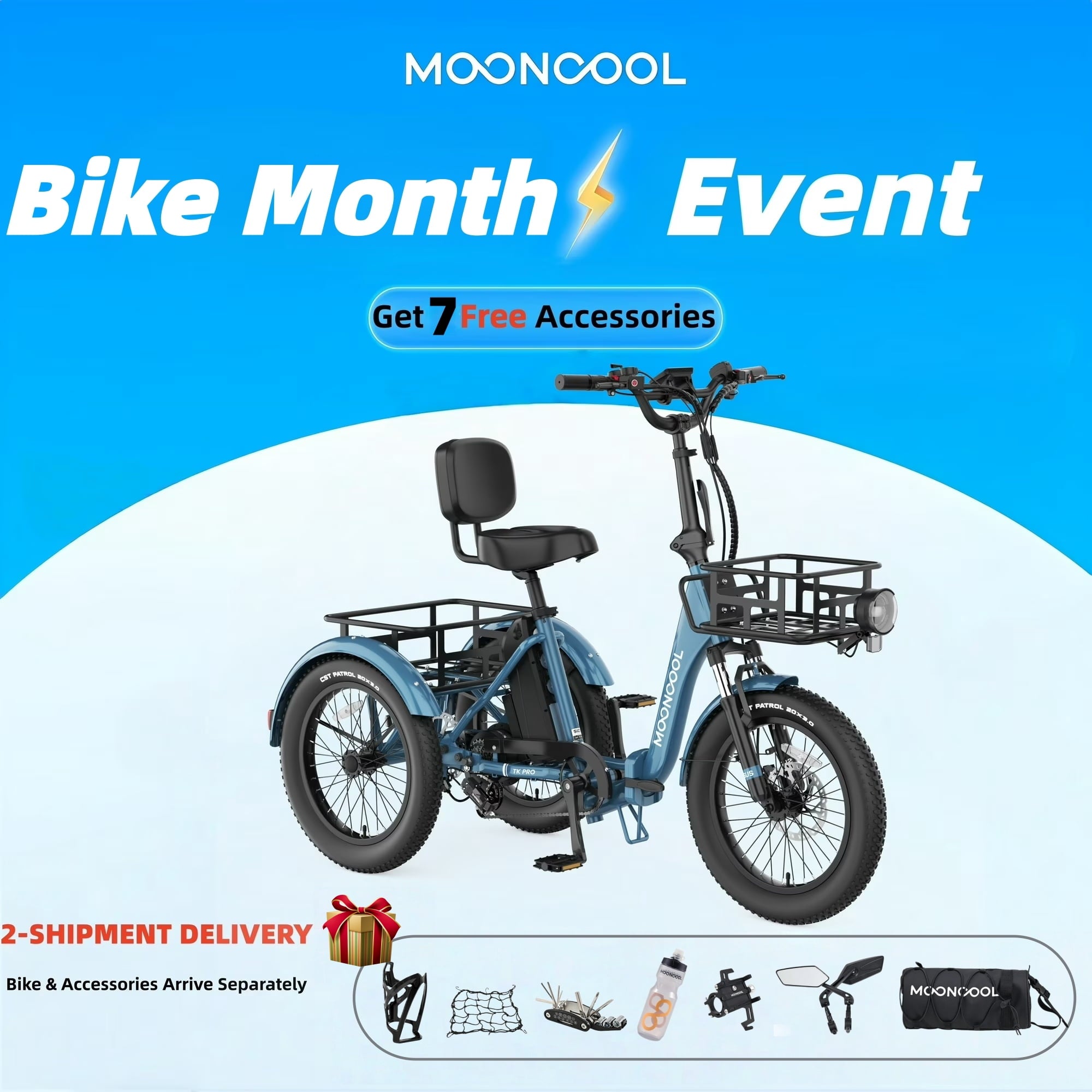 MOONCOOL TK Pro Foldable Electric Tricycle W/ Rearview mirror accessory Kit, 1500W Motor 48V 20Ah Battery, 20 Fat Tire Three Wheel 6-Speed Electric Mountain Bicycle for Adults