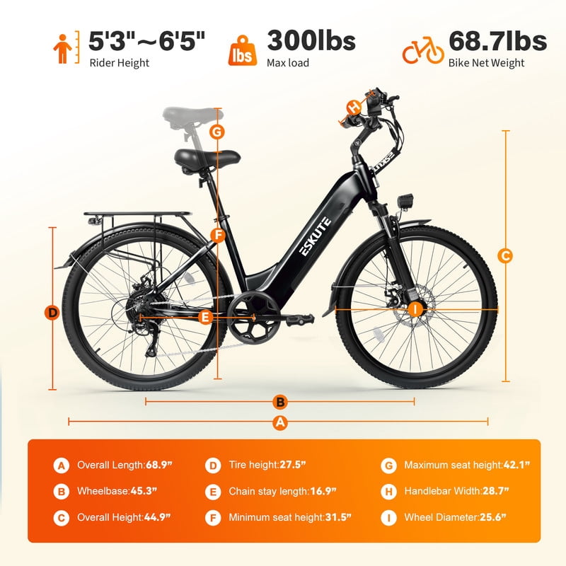 ESKUTE C200 Electric Bike for Adults, 1300W Peak Power Ebike, 28MPH Step-Thru E-Bicycle with 840Wh Removable Battery, Up to 70 Miles, 26 Tires, 7 Speed Adjustable Stem,white, UL2849