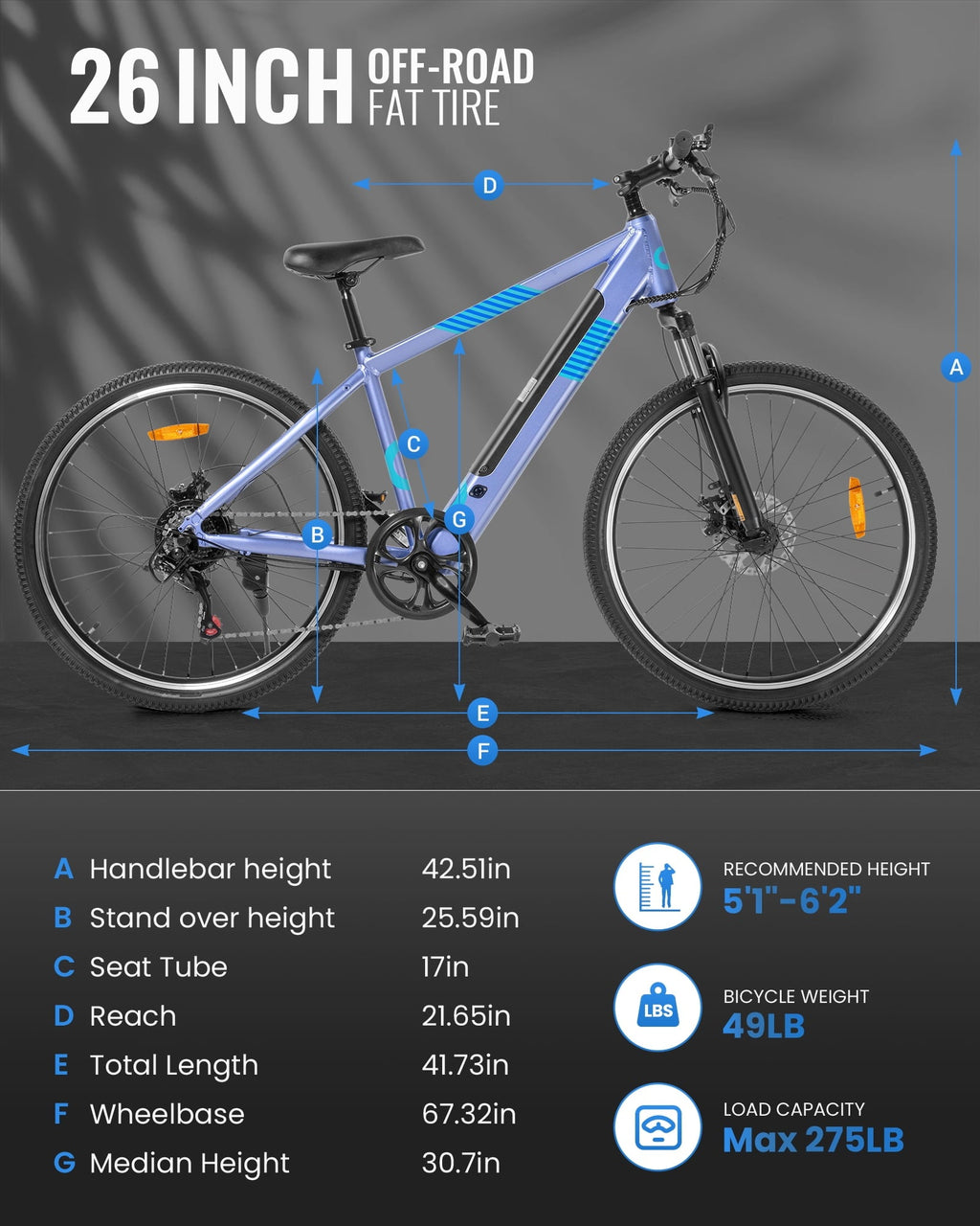 MIHOVER 26Electric Bike for Adults 350W 20MPH, 36V Removable Battery 7-Speed, UL2849 Certified City & Light Off-Road E-Bike with Lock -Black