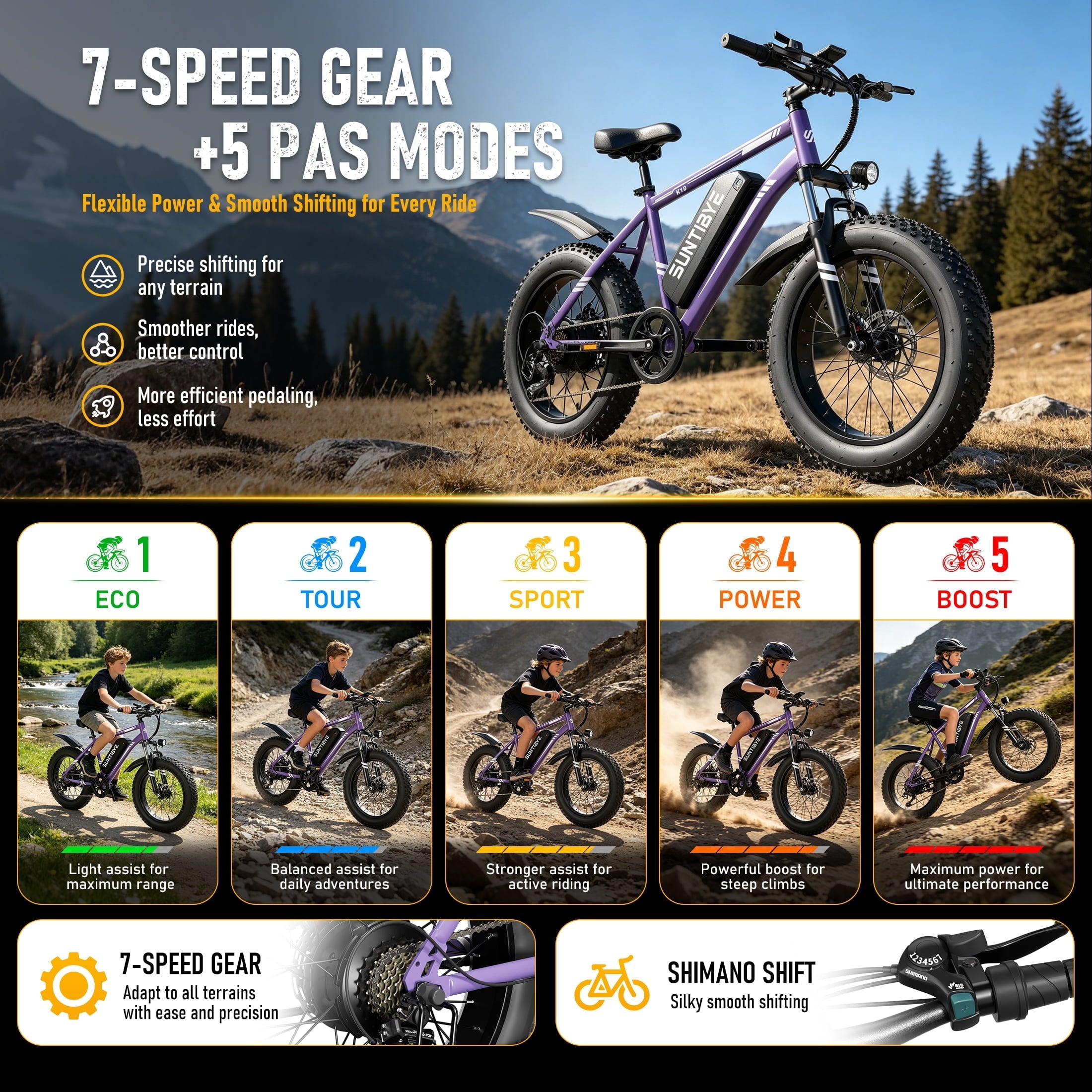 SUNTIBYE K10 Electric Bike 1000W, 48V 15Ah, 20 Fat Tire Ebike, 28MPH, E-Mountain Bike UL2849,Black