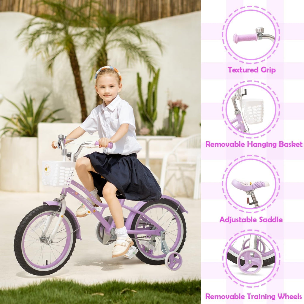 ACEGER 16 Inch Bike with Basket and Training Wheels for Girls Ages 5-9, Pink