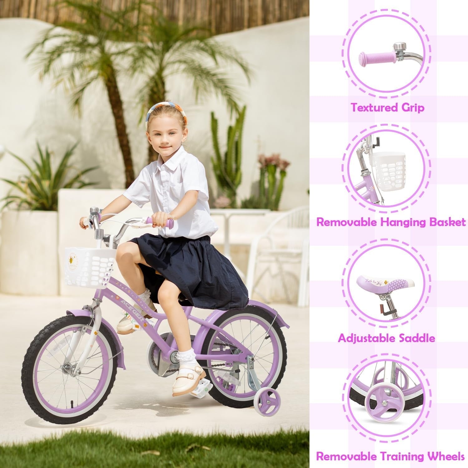 ACEGER 16 Inch Bike with Basket and Training Wheels for Girls Ages 5-9, Pink