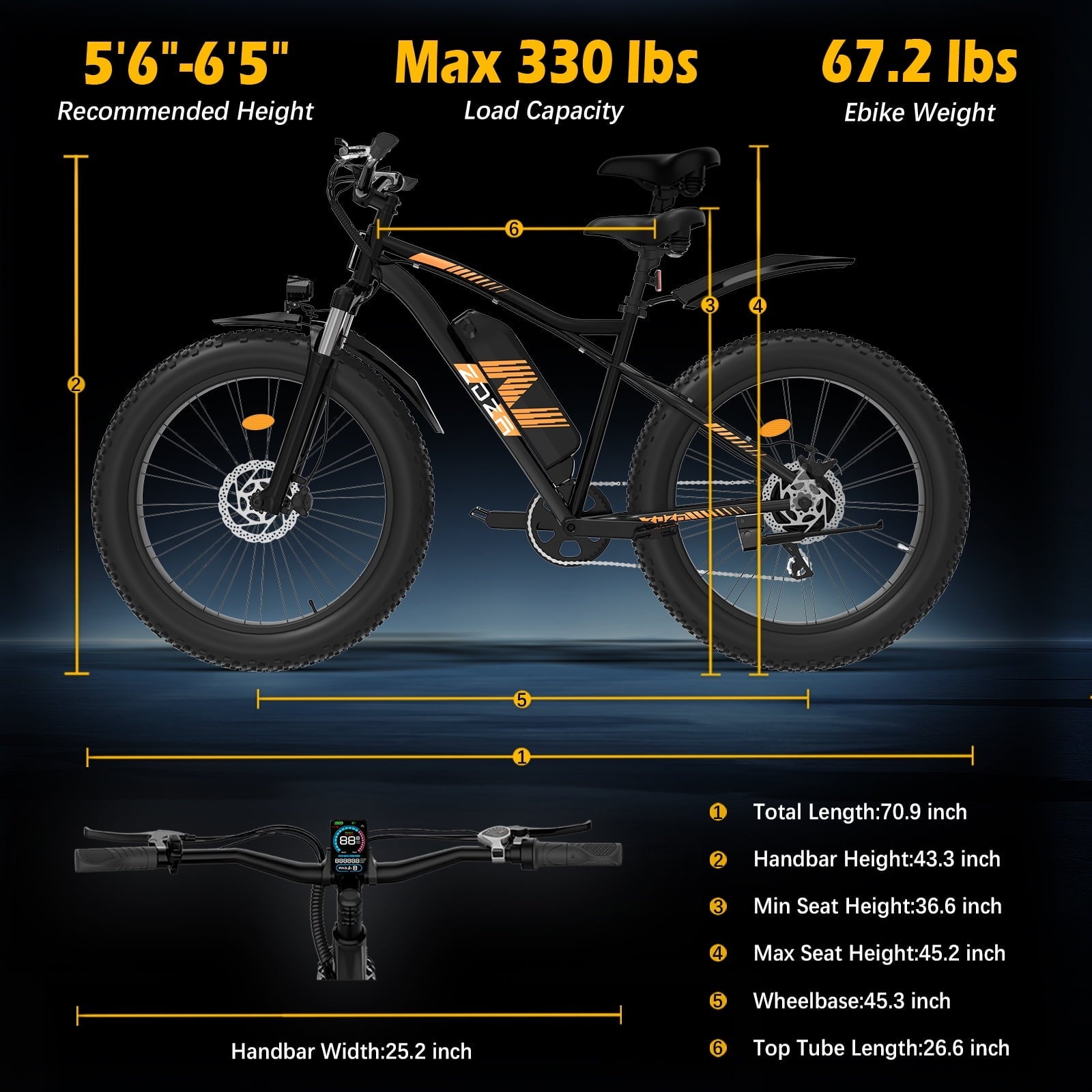 ZDZA Electric Bike for Adults, Peak 1500W Motor E-Mountain Bicycle, 26 Fat Tire 28mph Ebike, 48V 15Ah Removable, Dual Suspension with Shelf UL2849, Black
