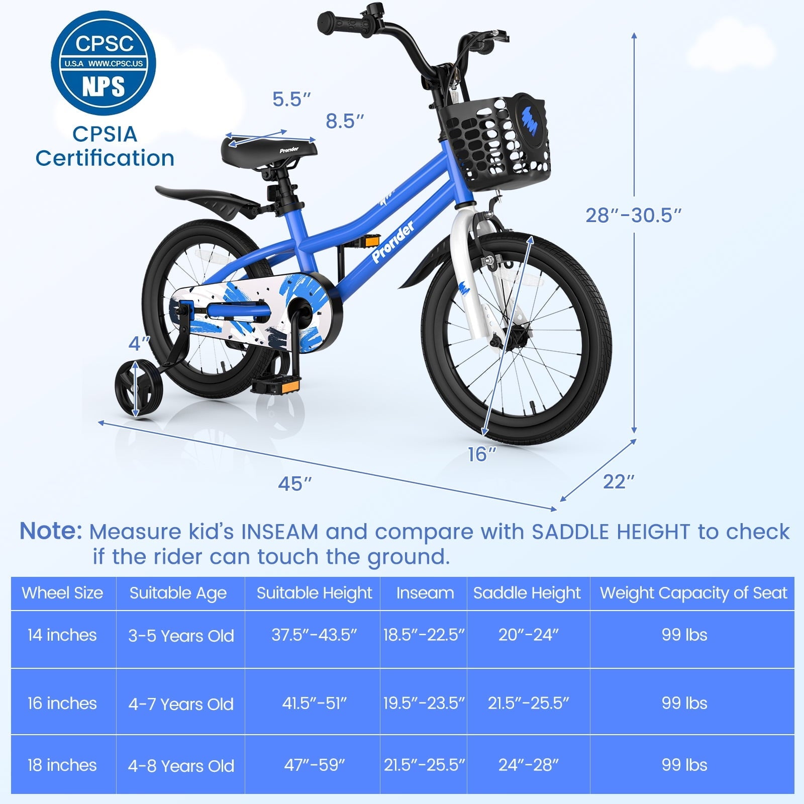Costway 14'' Kid's Bike with Removable Training Wheels & Basket for 3-5 Years Old Blue
