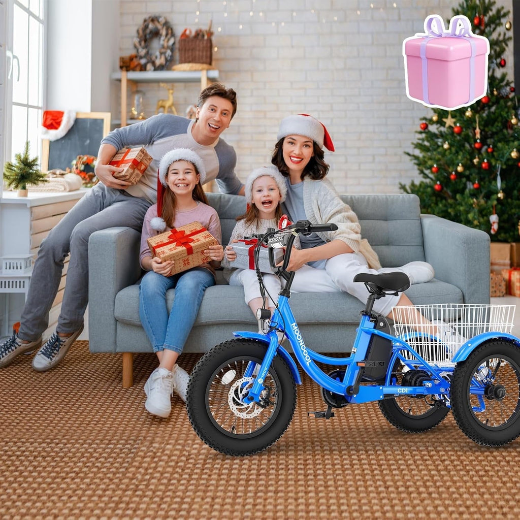 MOONCOOL Electric Tricycle for Kids ,16x3 3 Wheel 250W 10.4Ah Etrike W/ LED headlight & Rear Basket & horn bell & DIY stickers .6/9/12.5 MPH