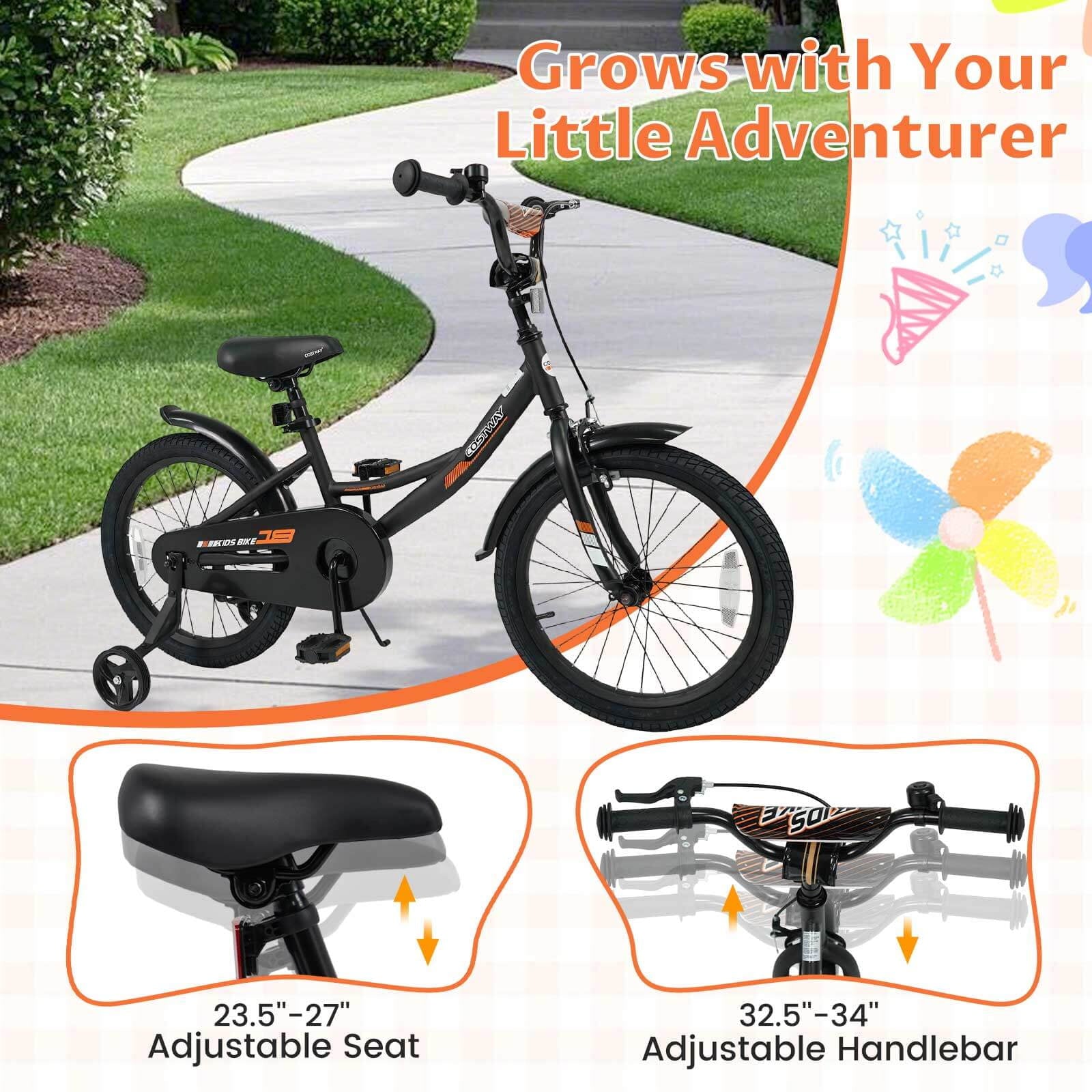 Costway 18 Inch Kids Bike with Training Wheels Dual Brakes Adjustable Seat Handlebar Height
