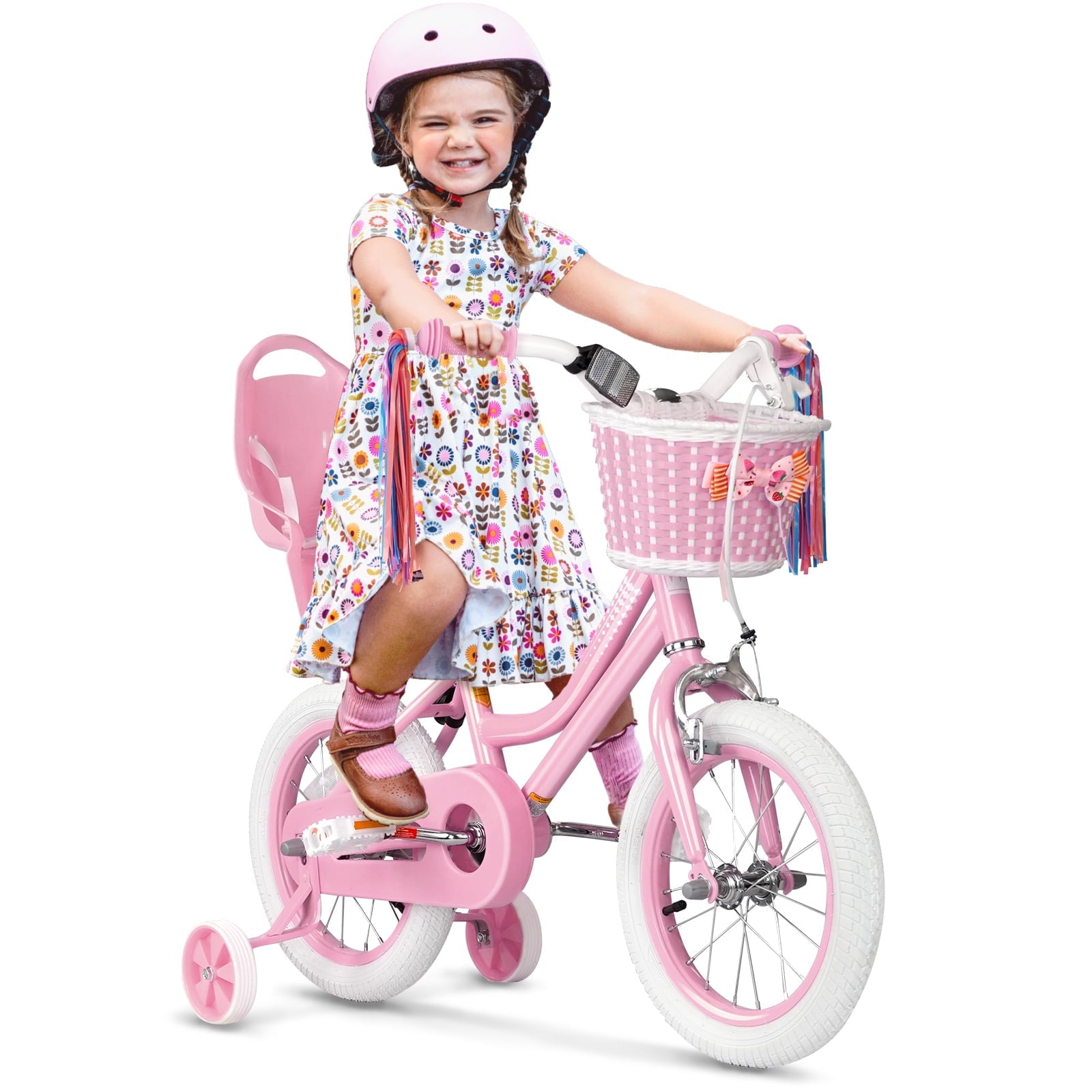 XJD Girls Bike for Toddlers 3-9 Years Old Kids, 14 Inch Kids Bike with Training Wheels, Streamers, Basket and Doll Seat, Children Bicycles with Handbrake