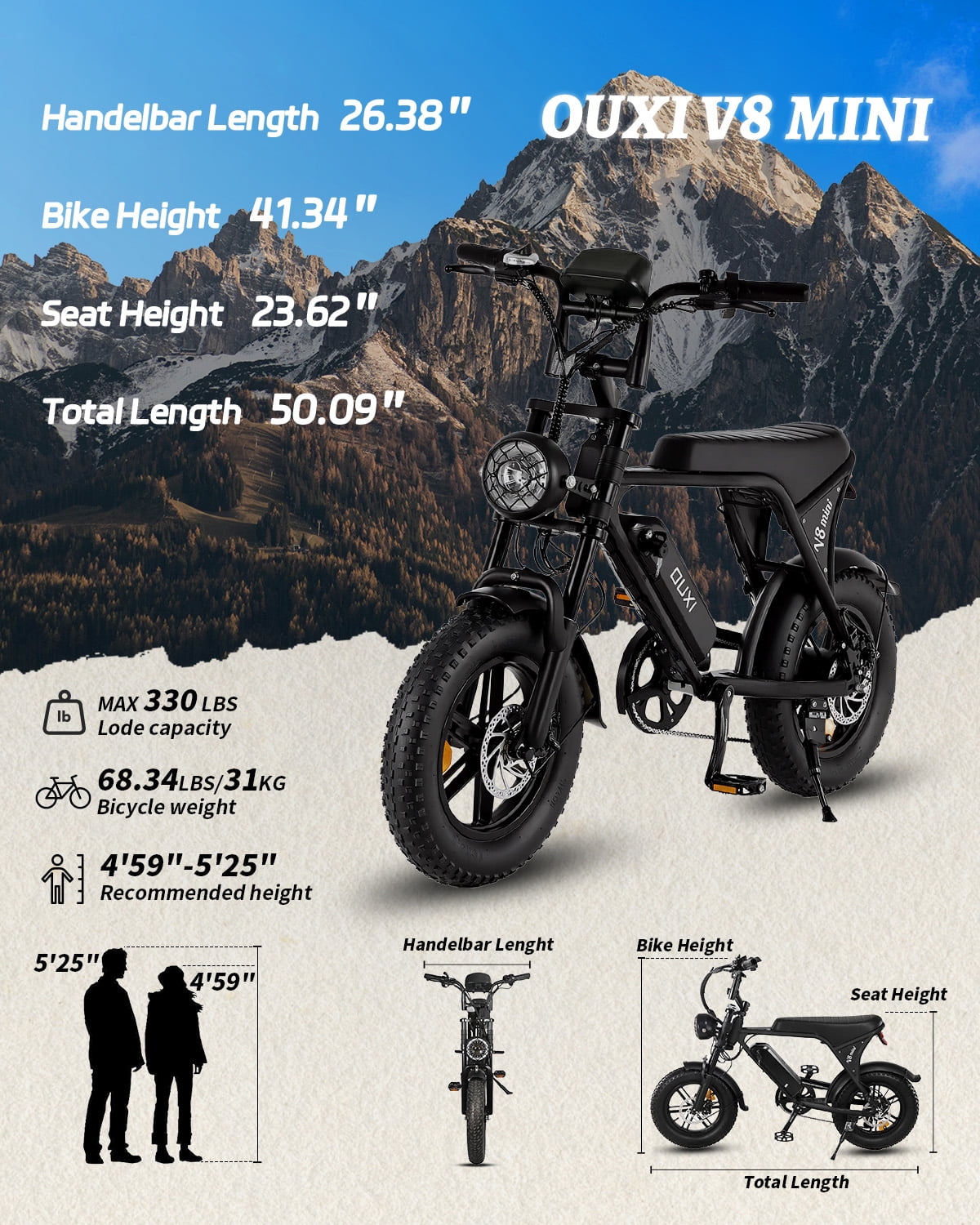 VTOKW Electric Bike for Adults, 500W Electric Bicycles with 36V 10.4Ah Battery, 16 Fat Tire Ebike, 20MPH E-Bike, E Bike for Adults UL2849