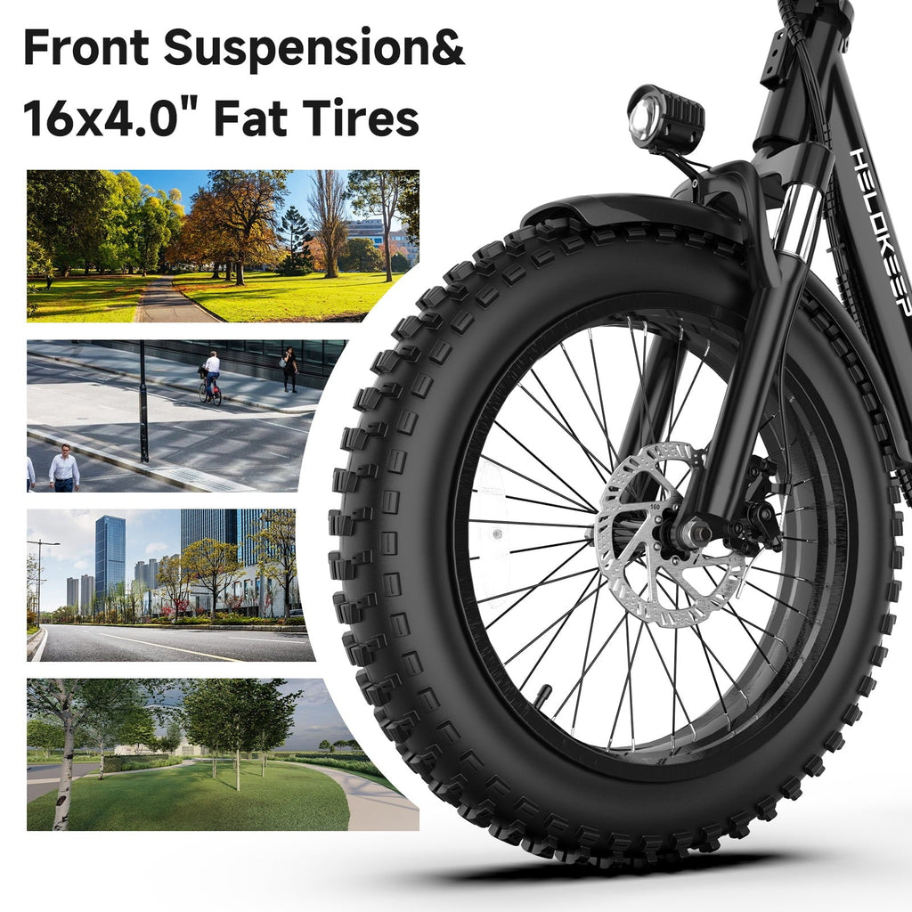 750W 1200W Folding Electric Bike for Adults, 48V 10Ah Removable Battery, 16 Fat Tire Ebike, Dual Disc Brakes & Front Suspension, UL 2849, Black