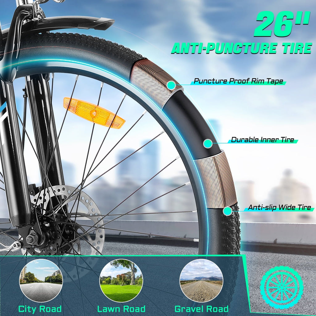 Gocio UL2849 Certified 26 Electric Bike for Adults, 750W Peak Motor, 48V 7.8Ah Battery, 19.8 mph 7-Speed Commuter Ebike with Disc Brakes