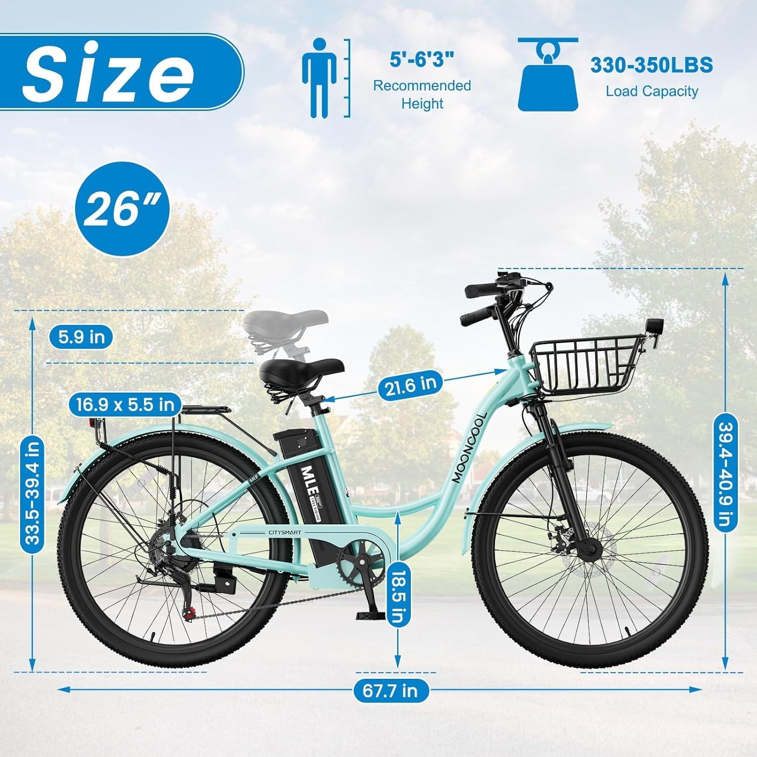MOONCOOL Electric Bicycle for Adults 350W , 7-Speed Ebike with 36V 10.4Ah Removable Battery . 40 Miles Range , 20 mph Electric Commuter Bike for Women Men