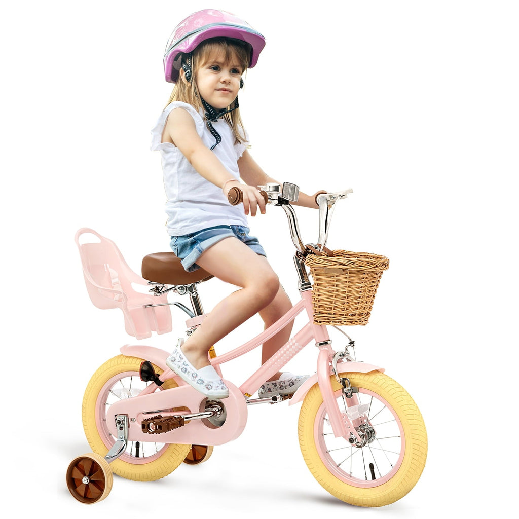 KORIMEFA Girl Bike for Toddlers and Kids Ages 3-6 Years Old, 12 inch Kids Bike with Training Wheels & Basket, 12 in Girl Bicycle with Handbrake & Kickstand