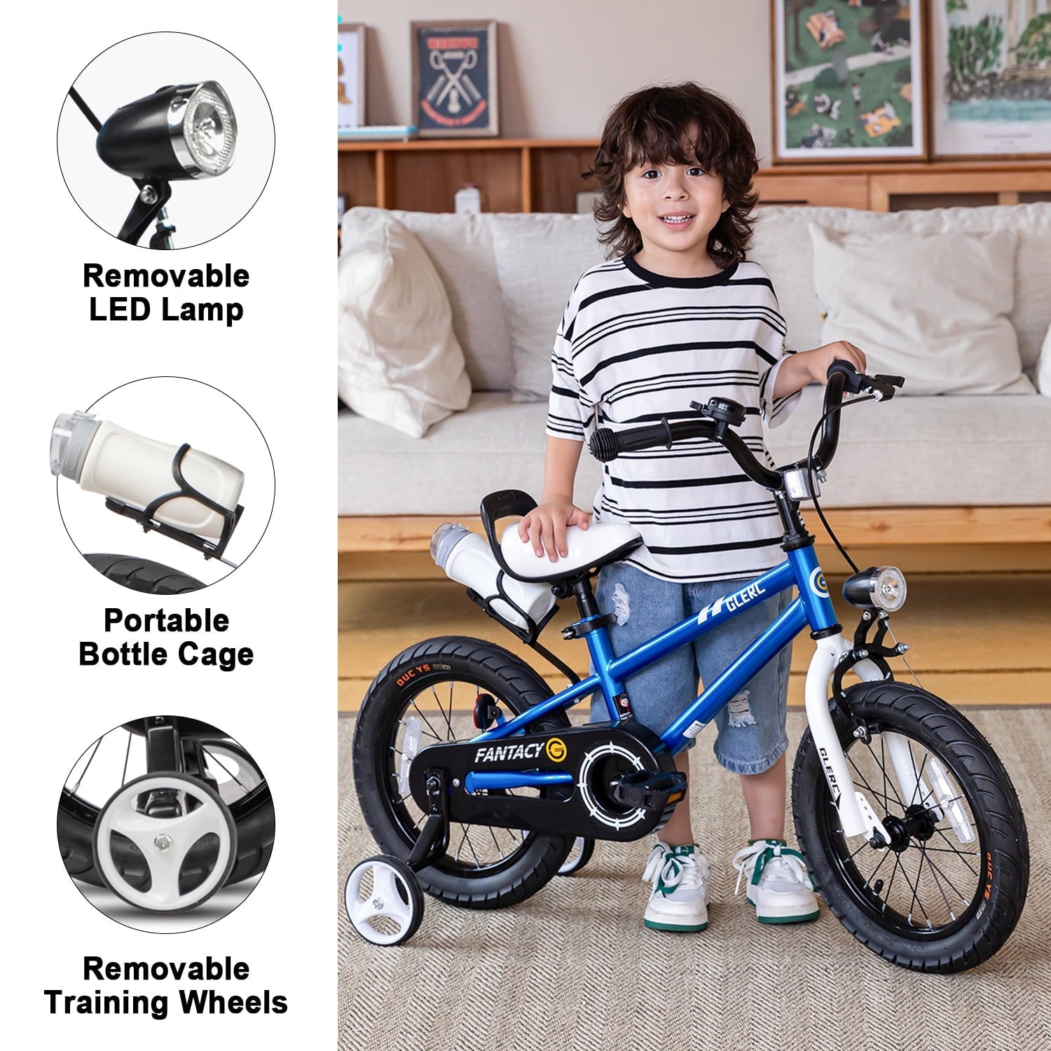 Glerc 14 inch Kids Bike for Child 3-5 Year old Boys Girls with Water Bottle Holder & Headlight & Training Wheels, Black
