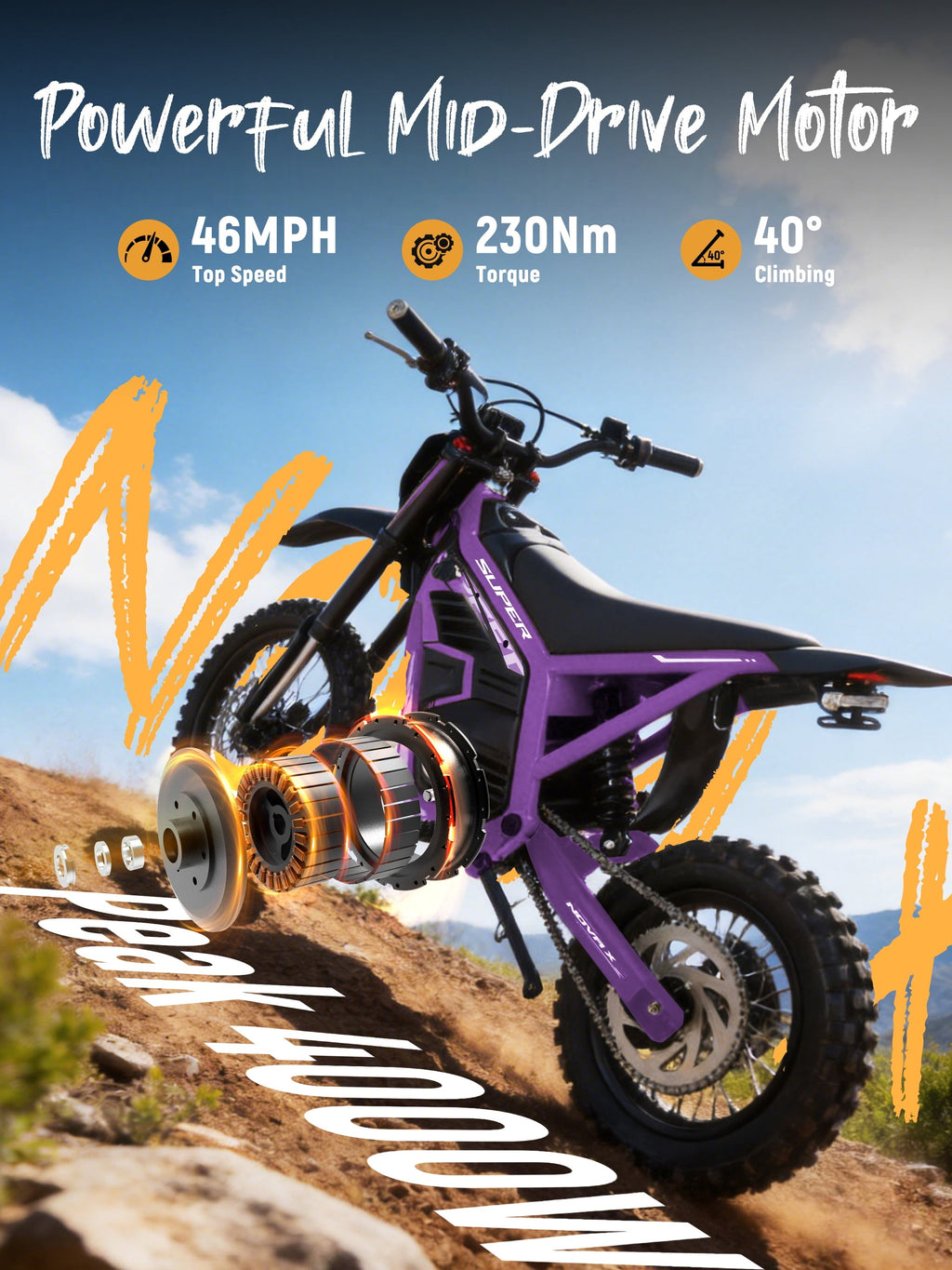 ESKUTE NovaX Electric Dirt Bike for Teens & Adults, 4000W Peak Mid-Drive Motor, 35-46 MPH Off-Road E-Bike, 48V 22.8Ah Battery, 14/12 Wheels, Hydraulic Dual Shock Suspension Orange
