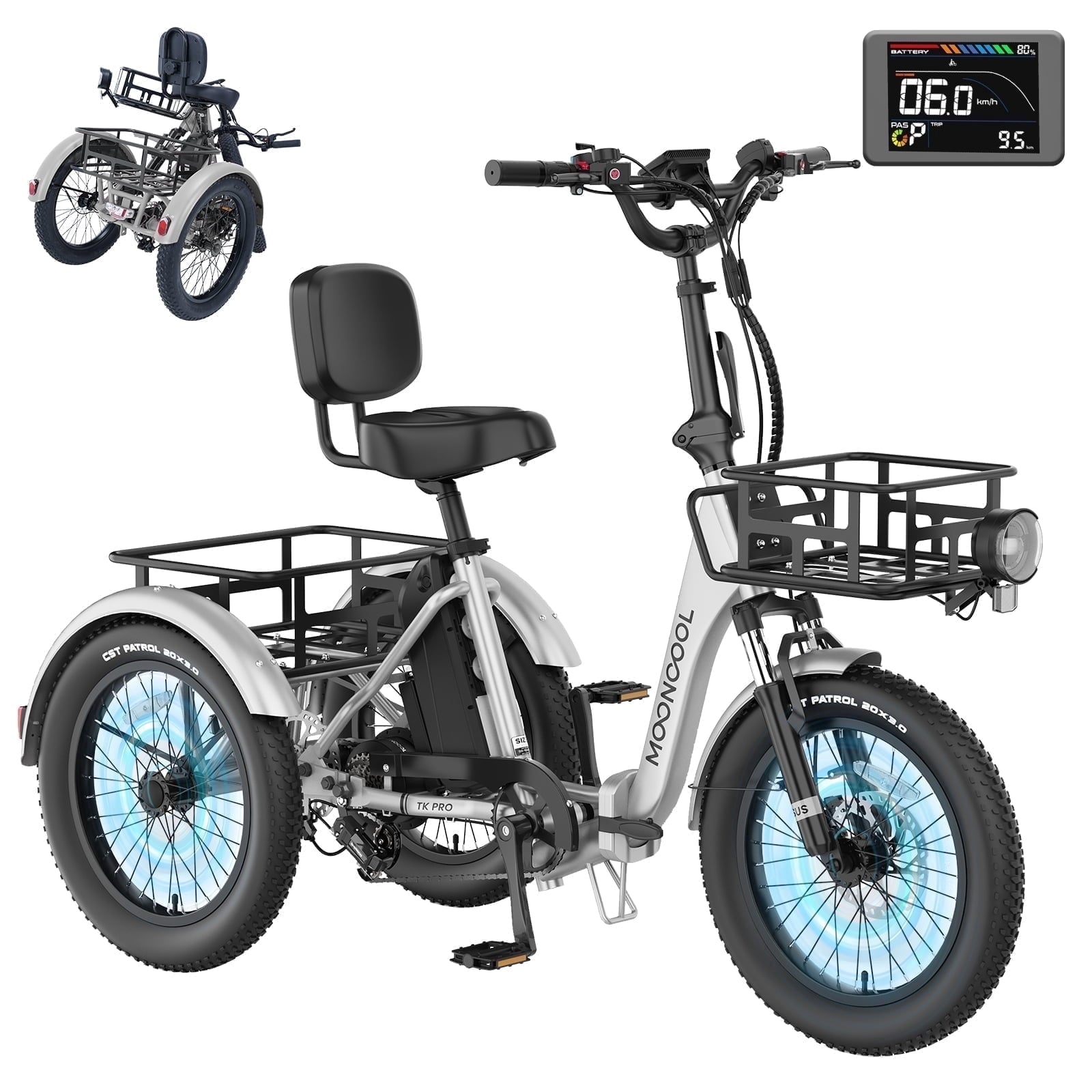 MOONCOOL TK Pro Foldable Electric Tricycle W/ Rearview mirror accessory Kit, 1500W Motor 48V 20Ah Battery, 20 Fat Tire Three Wheel 6-Speed Electric Mountain Bicycle for Adults