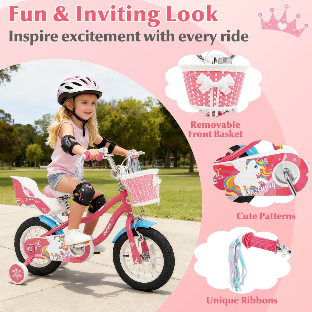 Costway 18 Inches Kids Bicycle with Training Wheels & Basket for Girls Age 4-8 Years Pink