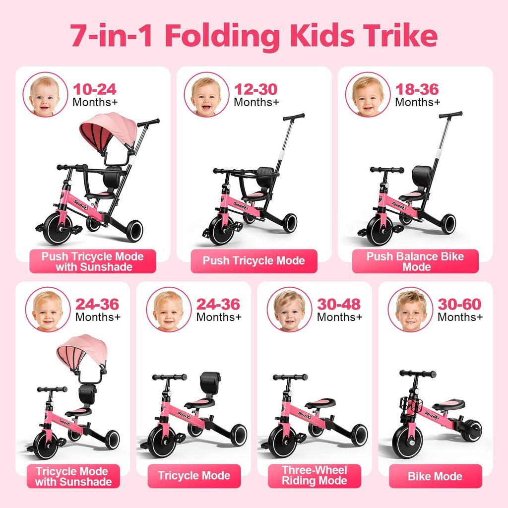 WLRETMCI 7 in 1 Toddler Bike, Tricycle for Toddlers 1-5 Year Old with UV Canopy, Balance Bike with Parental Control Handle, Adjustable Seat Height, Removable Pedal, Backrest (Pink)