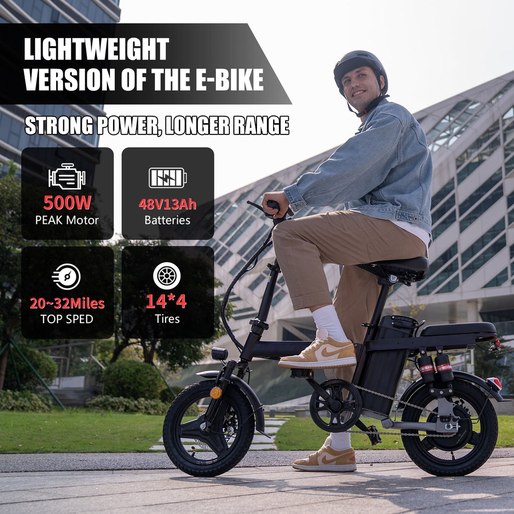 Electric Bike for Adults,  Electric Bicycle with 48V Removable Battery,14 Folding Ebike, 20MPH,30+ Miles(MAX),500W High Motor,Multi-Shock Absorption,UL 2849,Commuting Mini E Bikes