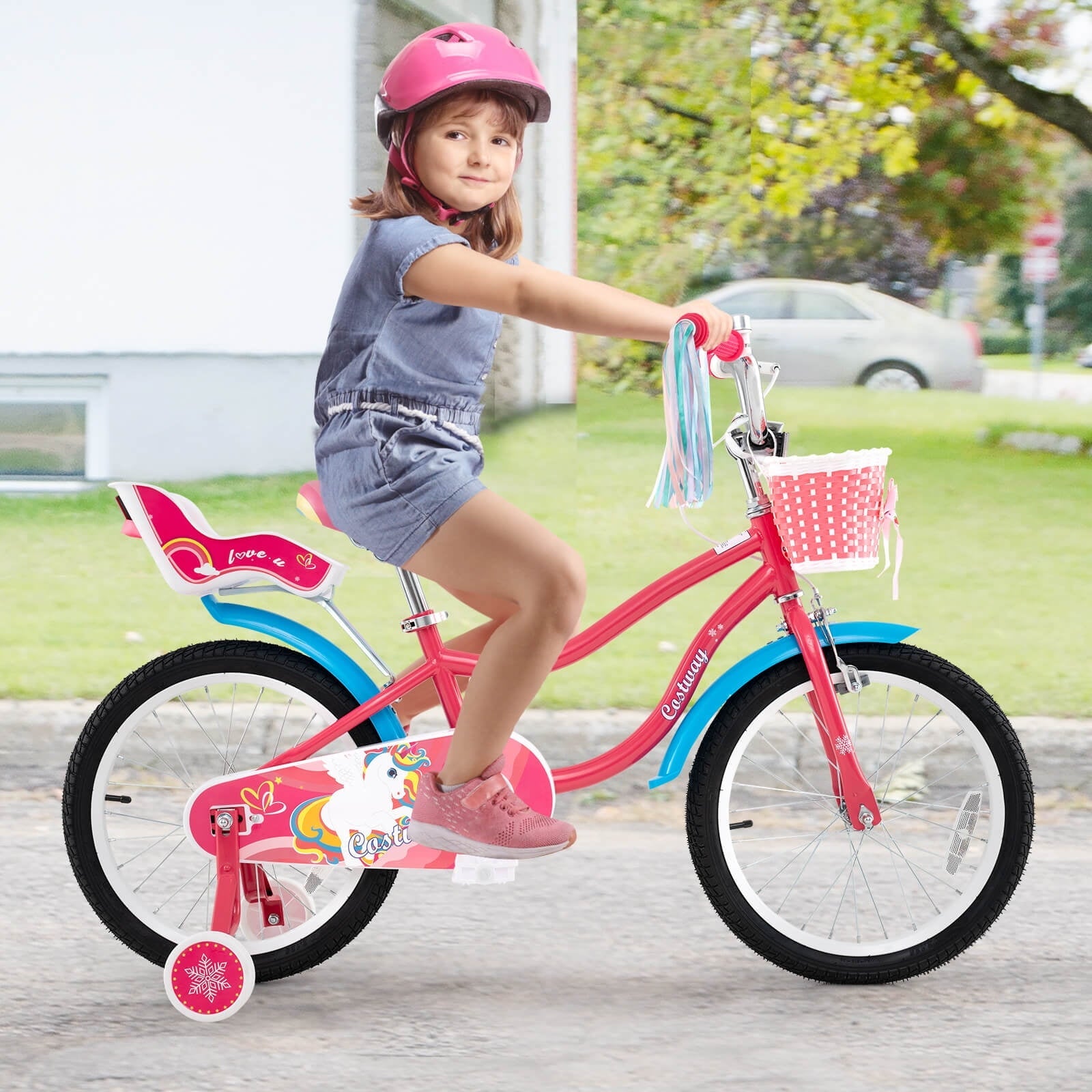 Costway 18 Inches Kids Bicycle with Training Wheels & Basket for Girls Age 4-8 Years Pink