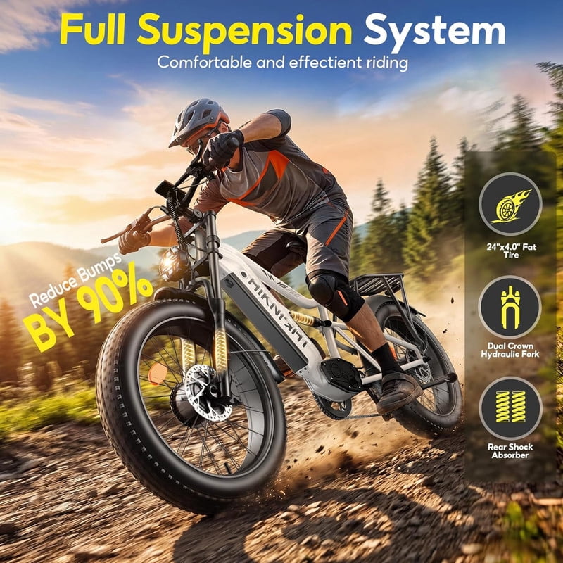 HiKNiGHT 4000W Dual Motor Electric Bike for Adults, 52V 20Ah Battery, 40 MPH & 90 Miles Range, 24 x 4.0 Fat Tire E-Bike, Dual Hydraulic Brakes, Full Suspension, H6 Pro (Black White) with Bag