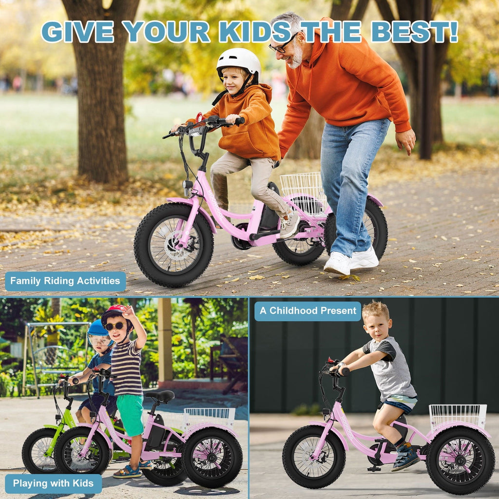 MOONCOOL Electric Tricycle for Kids ,16x3 3 Wheel 250W 10.4Ah Etrike W/ LED headlight & Rear Basket & horn bell & DIY stickers .6/9/12.5 MPH