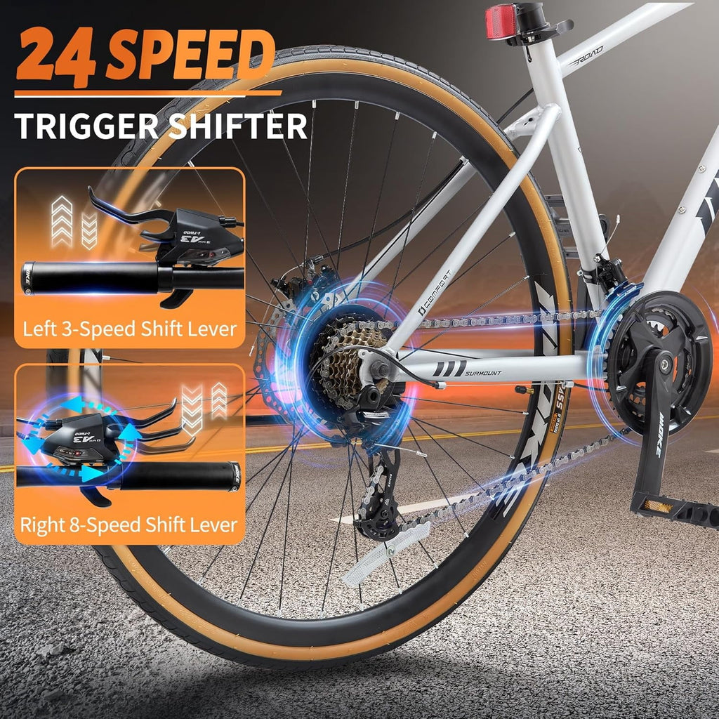 Mens Road Bike, NEORIVER 700C 24-Speed Hybrid Bike for Adults, Features Dual Disc Brakes, Trigger Shifting, Internal Wiring & Lightweight Frame for City Commuting