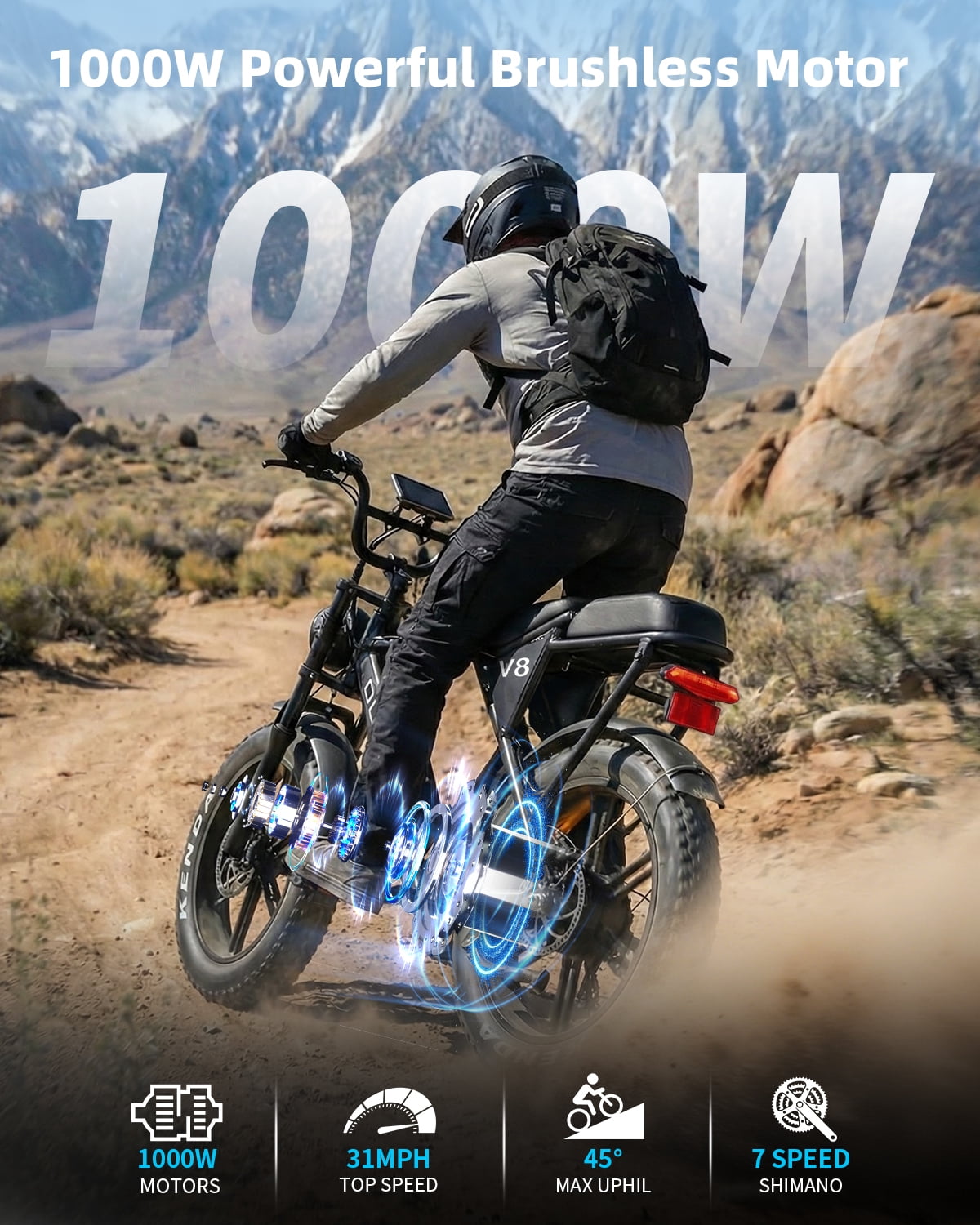 OUXI V8 Electric Bike for Adults, 20 Fat Tire Electric Mountain Bike Peak 750W, 48V 15Ah Battery, UL2849