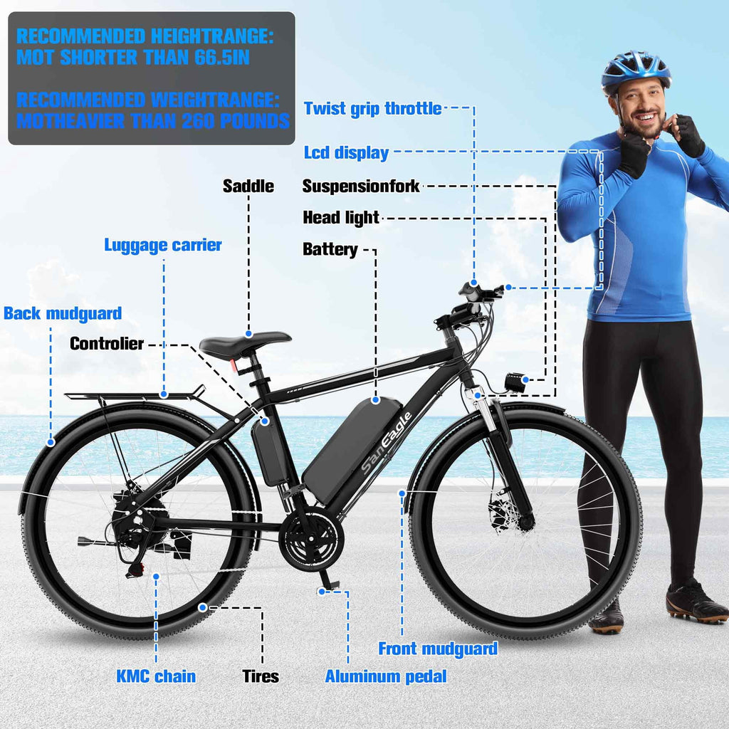 Saneagle 1000W Peak Electric Bike for Adults, City E-Bike, 52V 15Ah Removable Battery, 26 Tire, Shimano 21 Speed, UL 2849 Certified, Black
