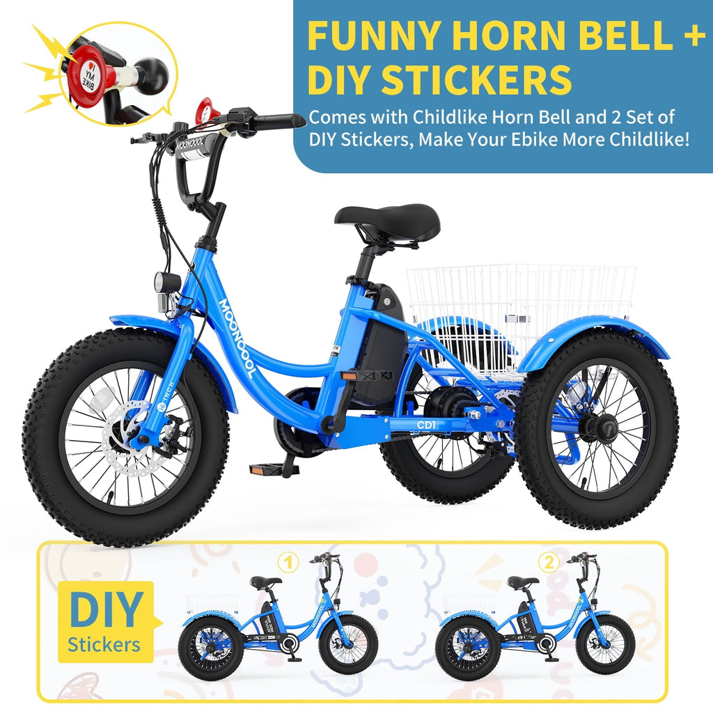 MOONCOOL Electric Tricycle for Kids ,16x3 3 Wheel 250W 10.4Ah Etrike W/ LED headlight & Rear Basket & horn bell & DIY stickers .6/9/12.5 MPH